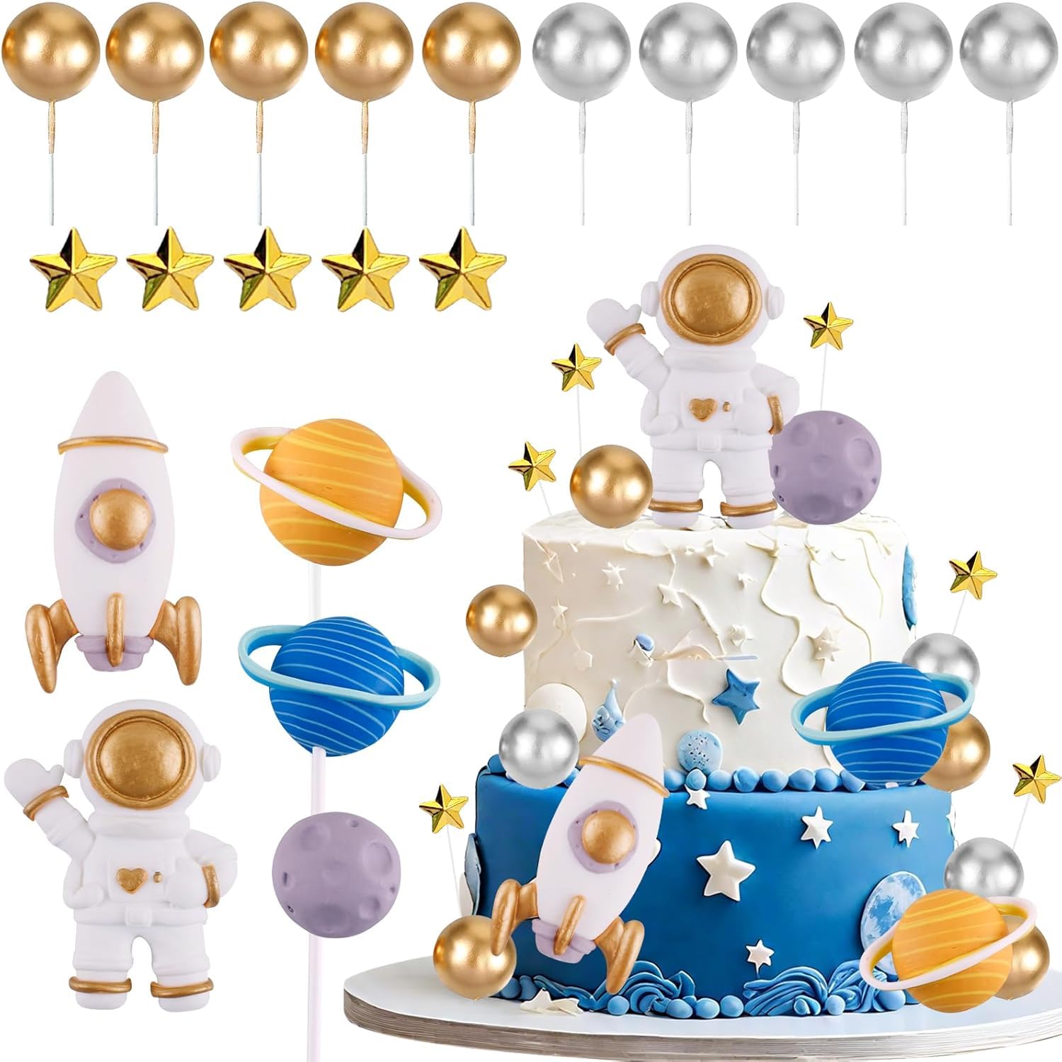 Outer Space Cake Toppers Astronaut Rocket Stars Cake Decorations for Two The Moon First Trip Around the Sun Baby Shower Birthday Party Supplies