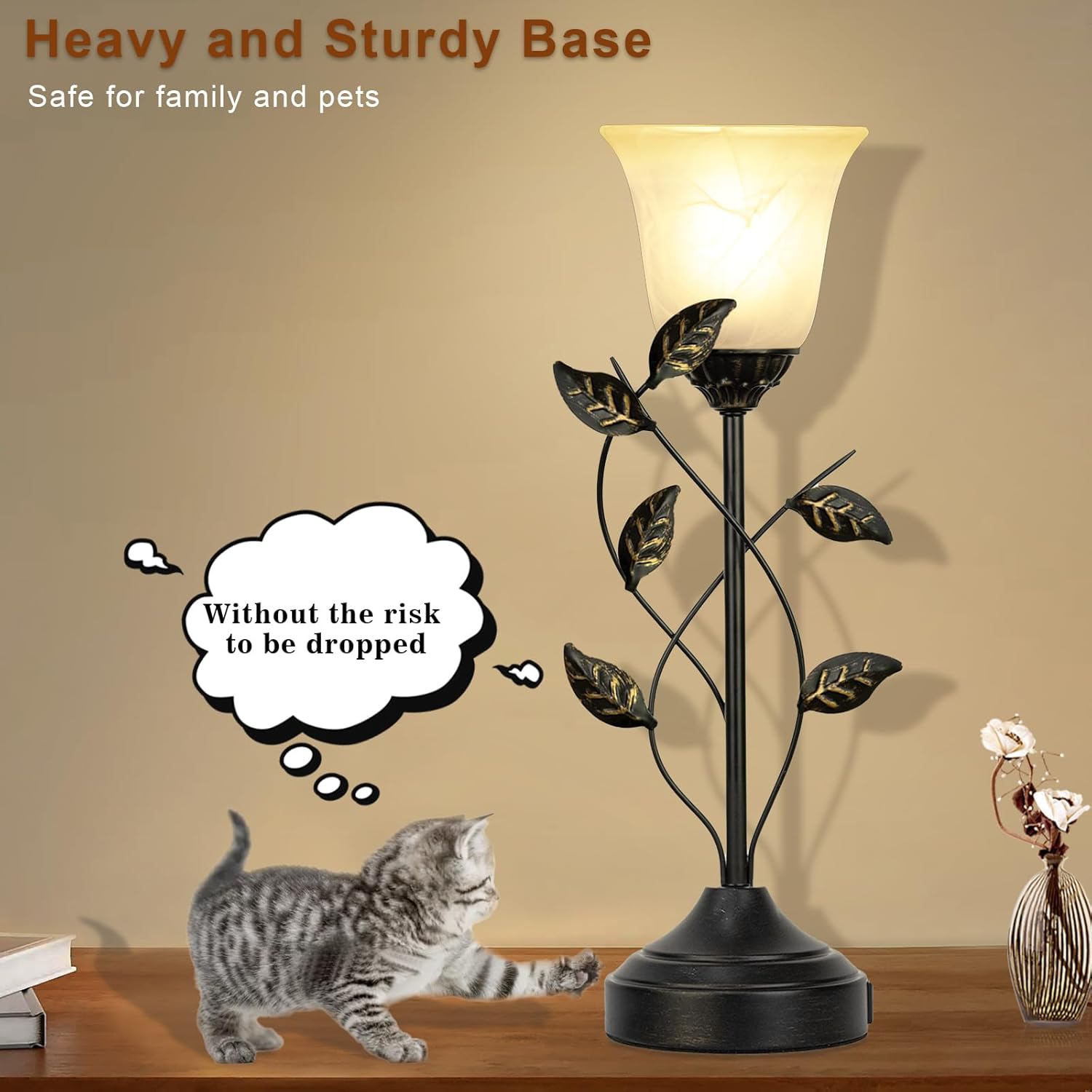 20 Inch Table Lamp for Bedroom with White Glass Shade, Retro Leaf Design Bedside Lamps Set of 2, 3-Way Dimmable Touch Control Lamps for Night Stands with USB C+A Charging Ports for Bedroom Living Room