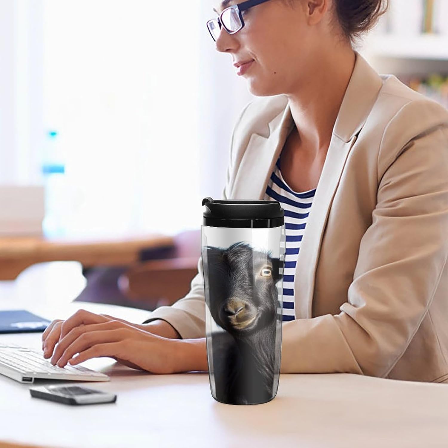 Cute Black Goat Animal Coffee Cup Reusable Portable Water Bottle with Double-Walled Plastic,Coffee Mug for Hot & Cold Drinks, Cup Holder Friendly 350ml