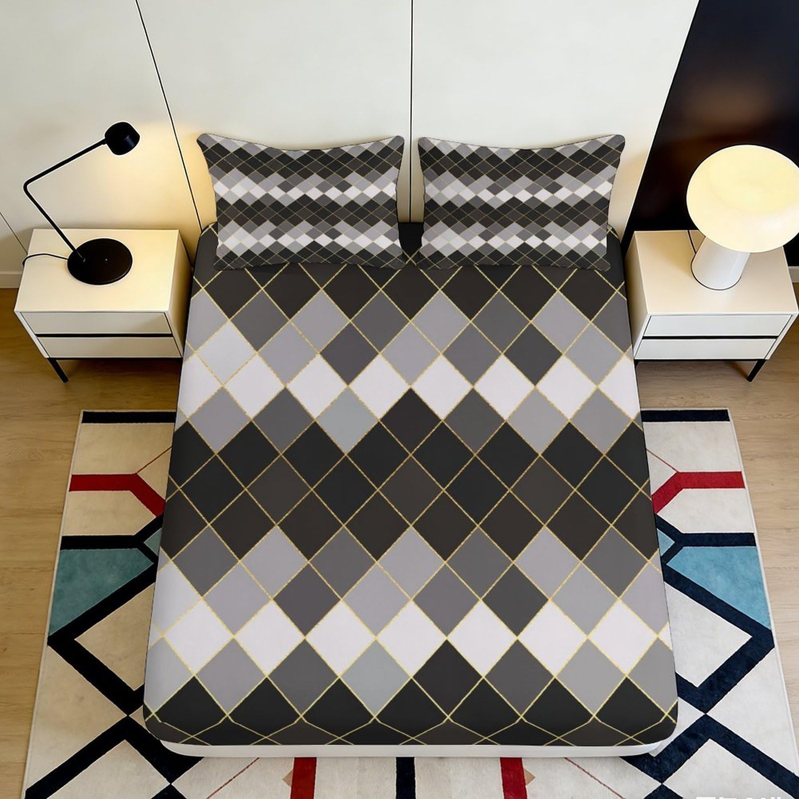 3D Printed Argyle Checkered Fitted Sheet Microfiber Soft Grey Gold Geometric Bed Cover for Bedroom Guest Room Decor 90x200x25cm