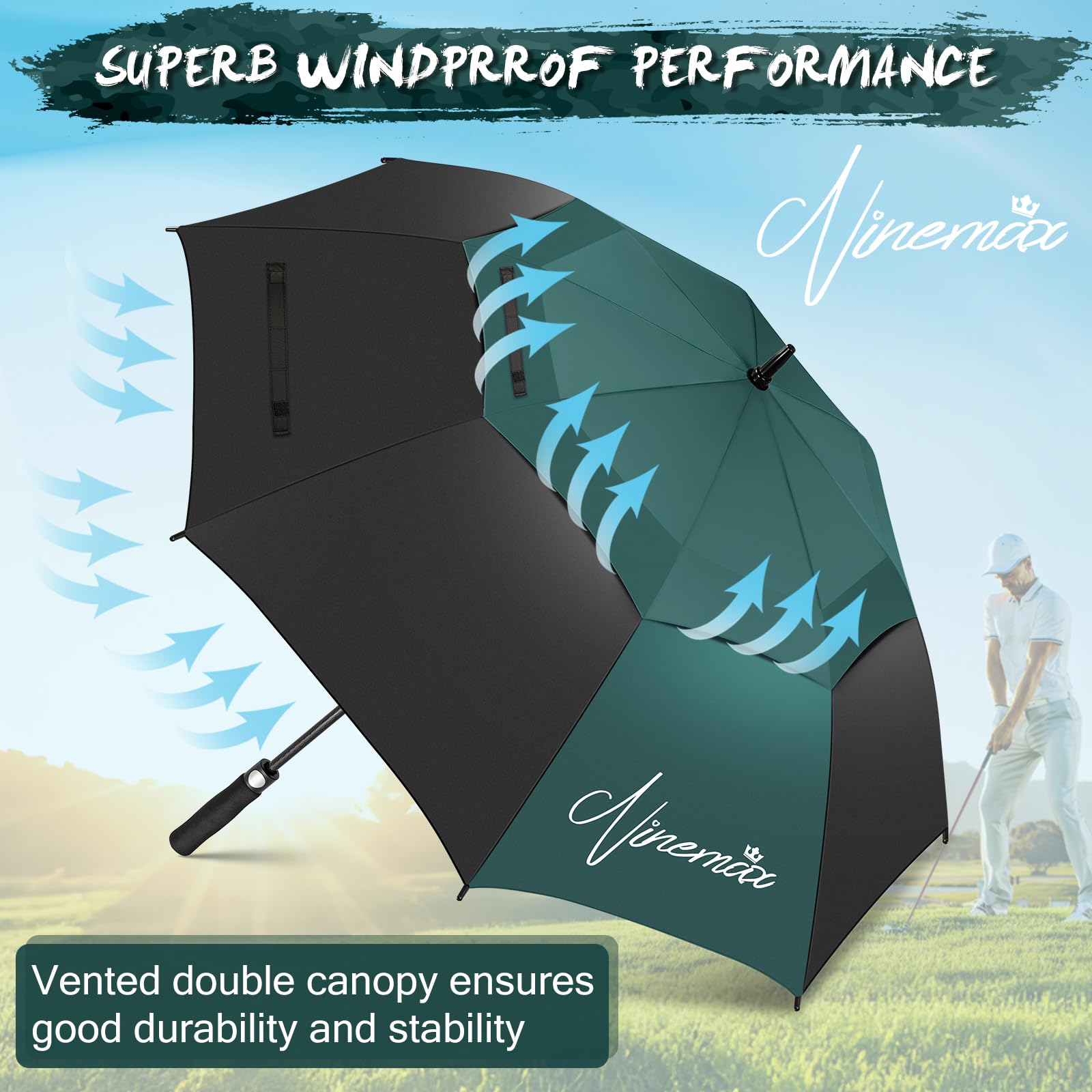 NINEMAX Paraguas Grande Antiviento, XL/XXL Paraguas Golf Grandes, Umbrella Extra Grande Resistente Al Viento Fuerte para Hombre Mujer