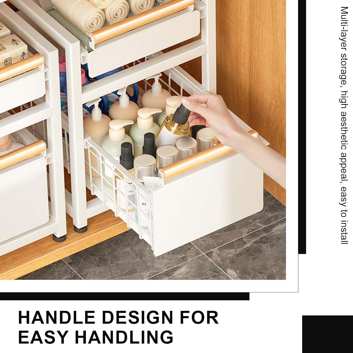 2 Tier Pull-out Storage Organizer, Slide Out Kitchen Cabinet Storage Sliding Shelves, Under Sink Organizers Drawer, Mesh Cabinet Basket with Handle for Bathroom, Home(White,Double Layer S)