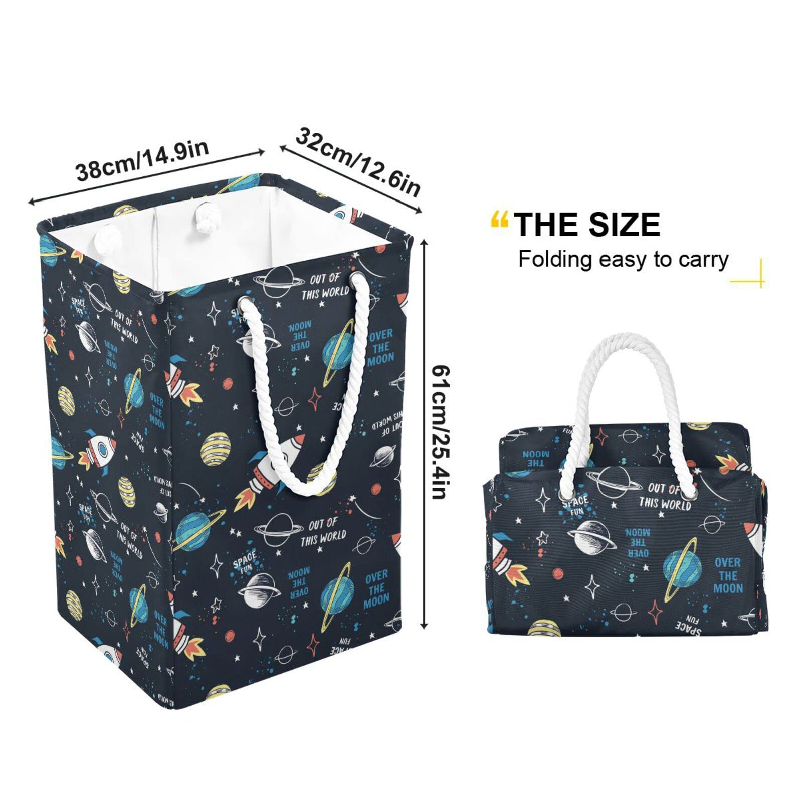 Space Doodle Cartoon Space Rockets, Planets, Stars, Moon, Slogans Collapsible Waterproof Laundry Hamper, Lightweight Washing Basket Bin Storage Organizer Bucket with Handles for Toys Clothes