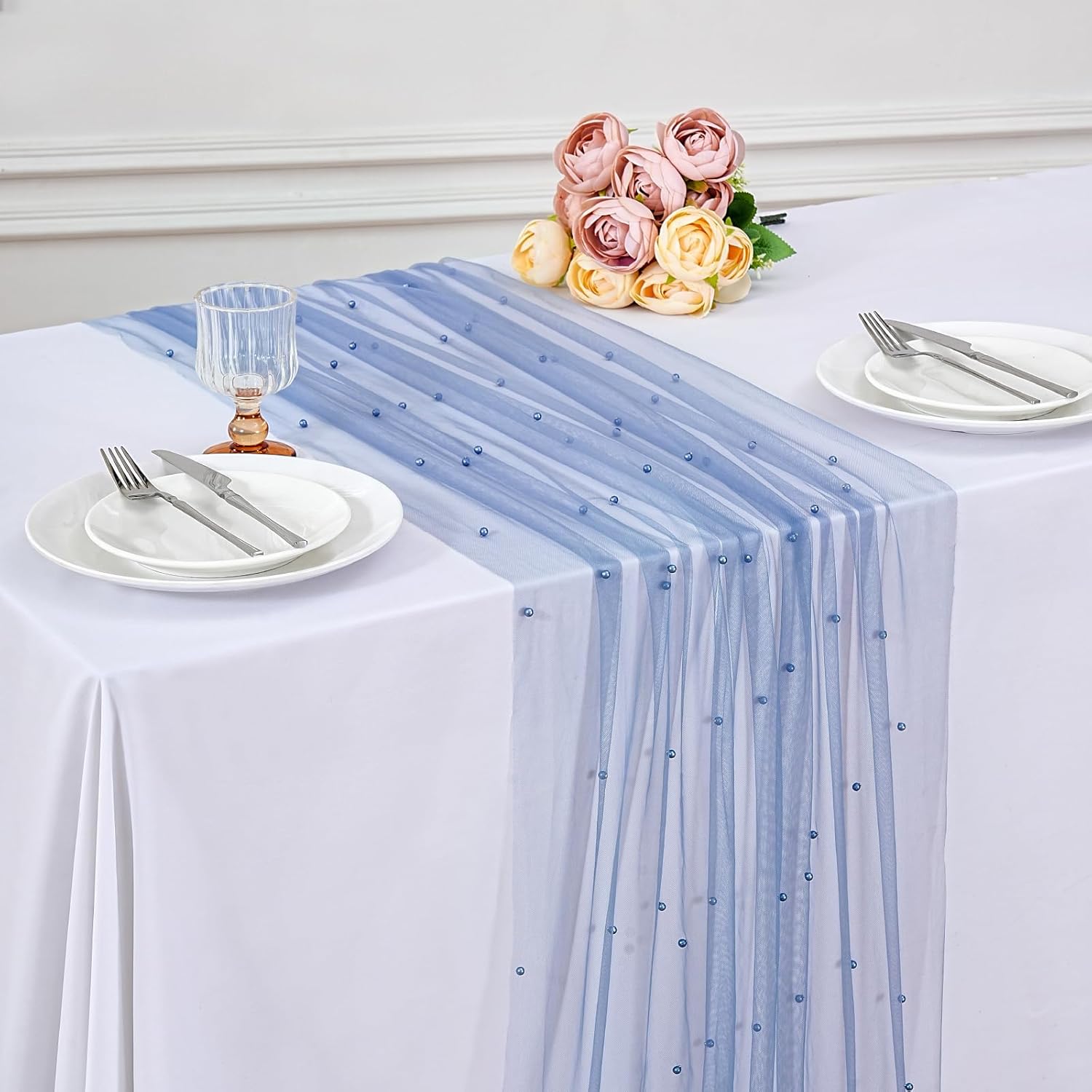 Tulle Table Runner Wedding Decorations: 10ft Veil Dusty Blue Dessert Table Fabric 12pcs Chiffon Pearl Lace Boho Glitter Table Overlay Desk Runners Diamonds Party Decorations Doilies