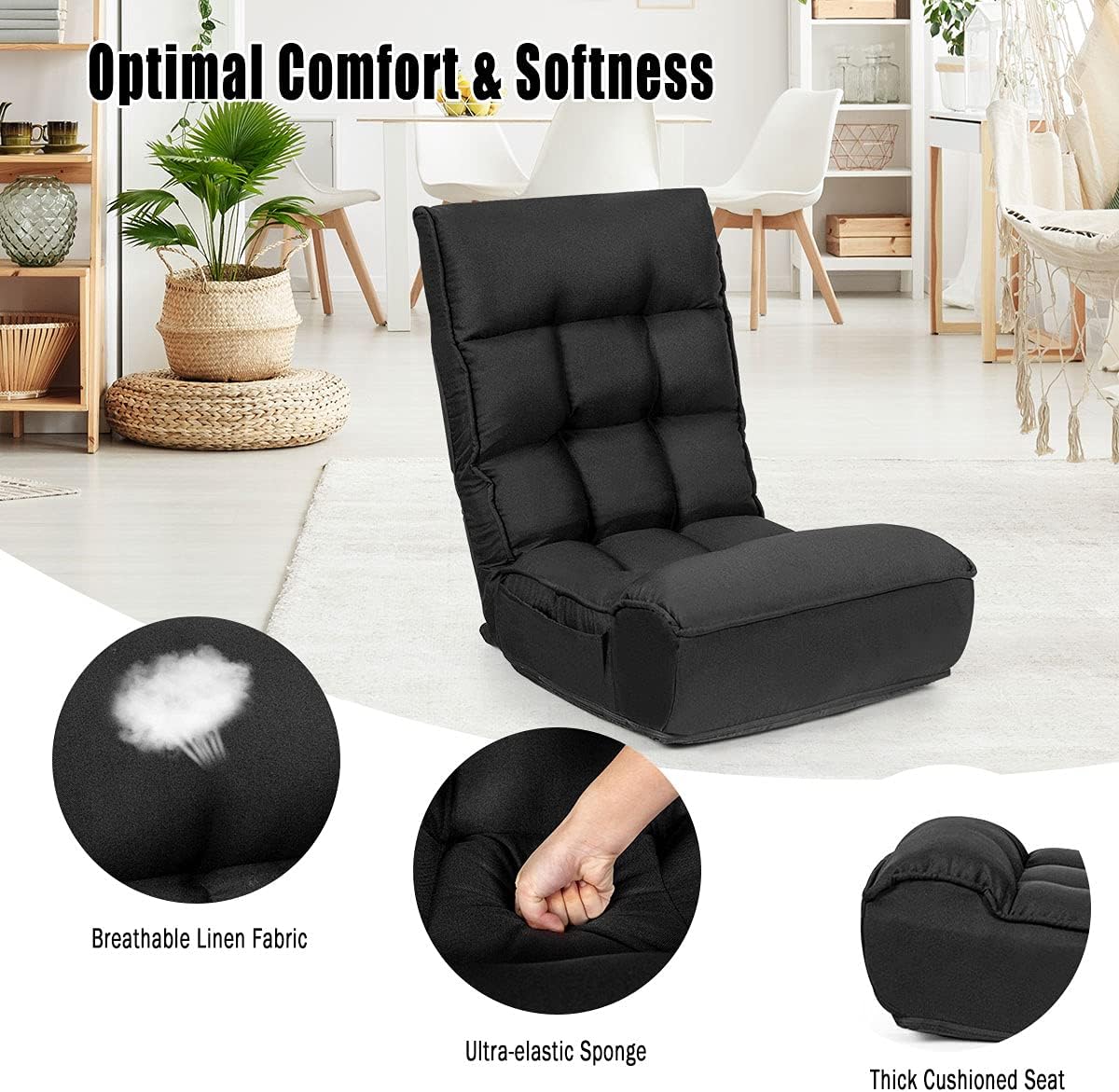 Close-up view of the DORTALA floor chair highlighting its ergonomic design, sturdy steel tube frame, and convenient side pocket.