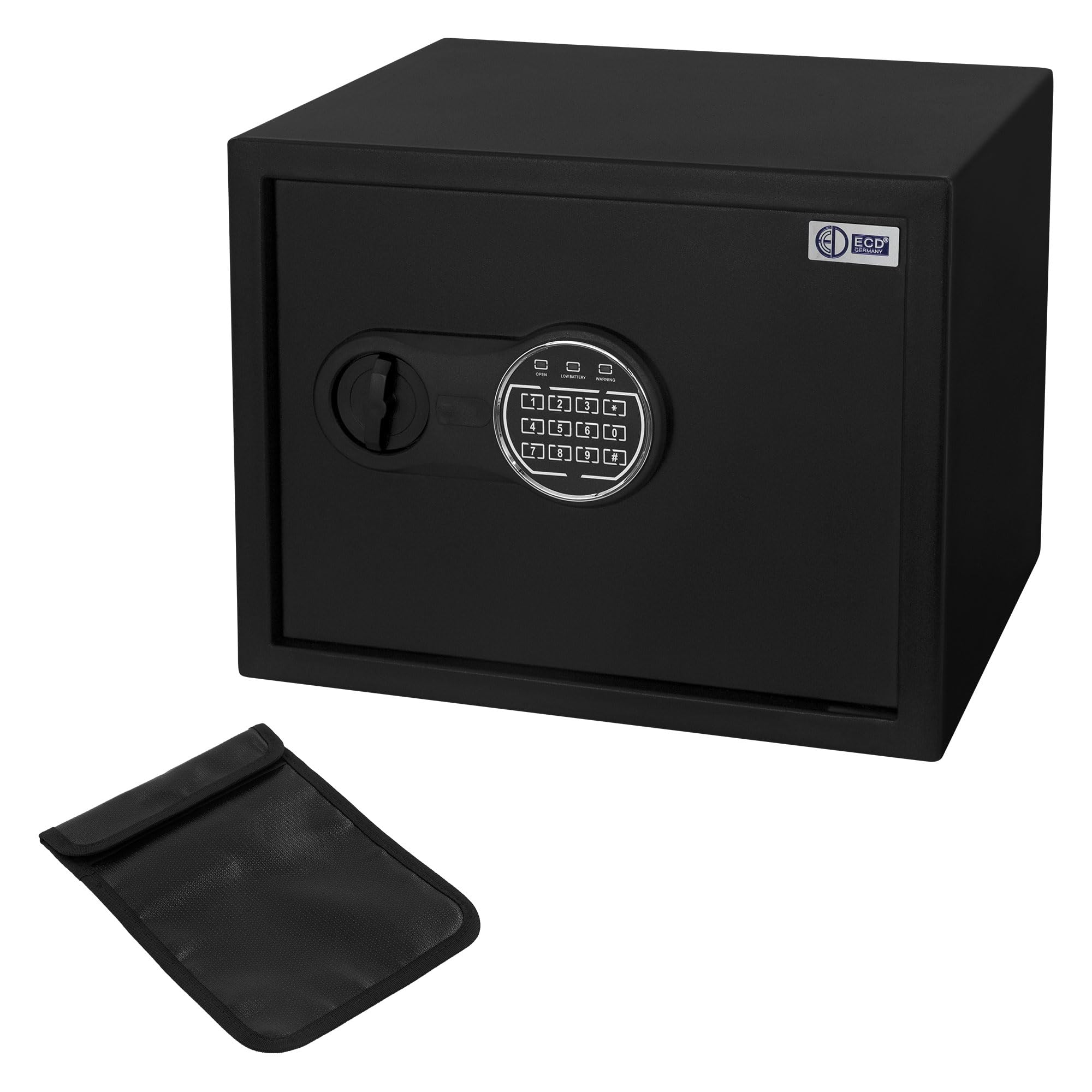 ECD Germany Coffre-Fort 27L 38x30x29,5cm, en Acier, Fixation Mural, avec Lumière à Capteur, Clavier Numérique, Code PIN et Clé, Caisse Électronique pour Bijoux/Argent, Porte-Documents Ignifuge inclus