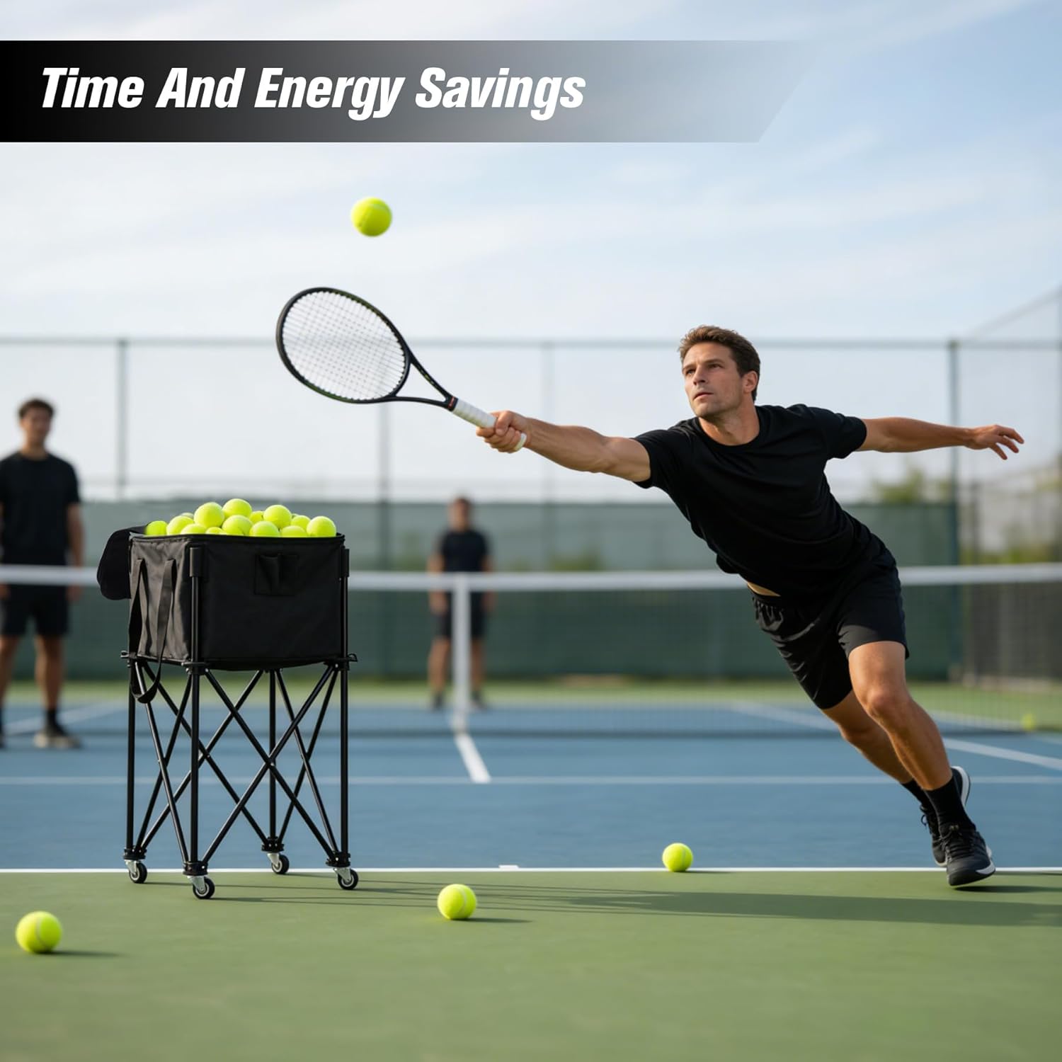 Lineslife Portable Tennis Ball Hopper Holds 200 Balls, Tennis Ball Basket Cart with 4 Wheels & Brakes, Detachable Oxford Fabric Bag for Tennis and Pickleball Training, Black