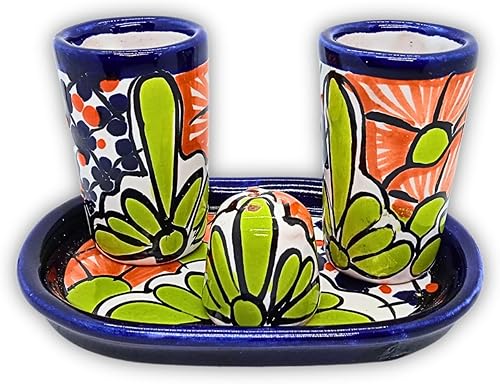 Miniatura 2 de Talavera - Vasos de chupito de tequila con bandeja y salero (juego de 2) - Diseño de flores verdes - Juego de regalo auténtico mexicano pintado a