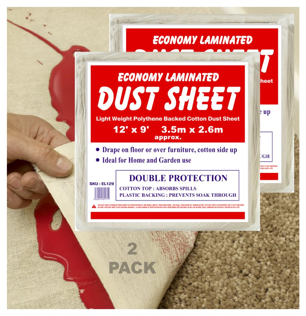 2 X Economy Laminated Cotton Dust Sheet 12 x 9 - Plastic Backed. **Twin Pack** (2xEL129)