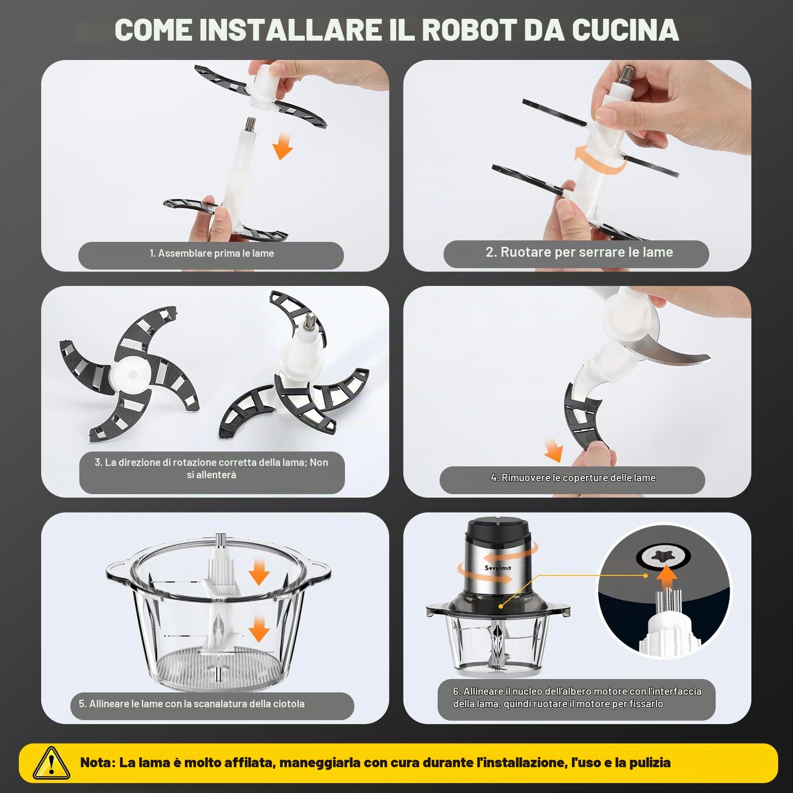 Sovyime Tritatutto da Cucina Elettrico, 2L+2L Frullatore Tritatutto Multifunzione,2×4 Lame Tritatutto Elettrico Mini Robot da Cucina, Mixer Cucina, Frullatore Piccolo per Frutta Verdura Carne Cipolle