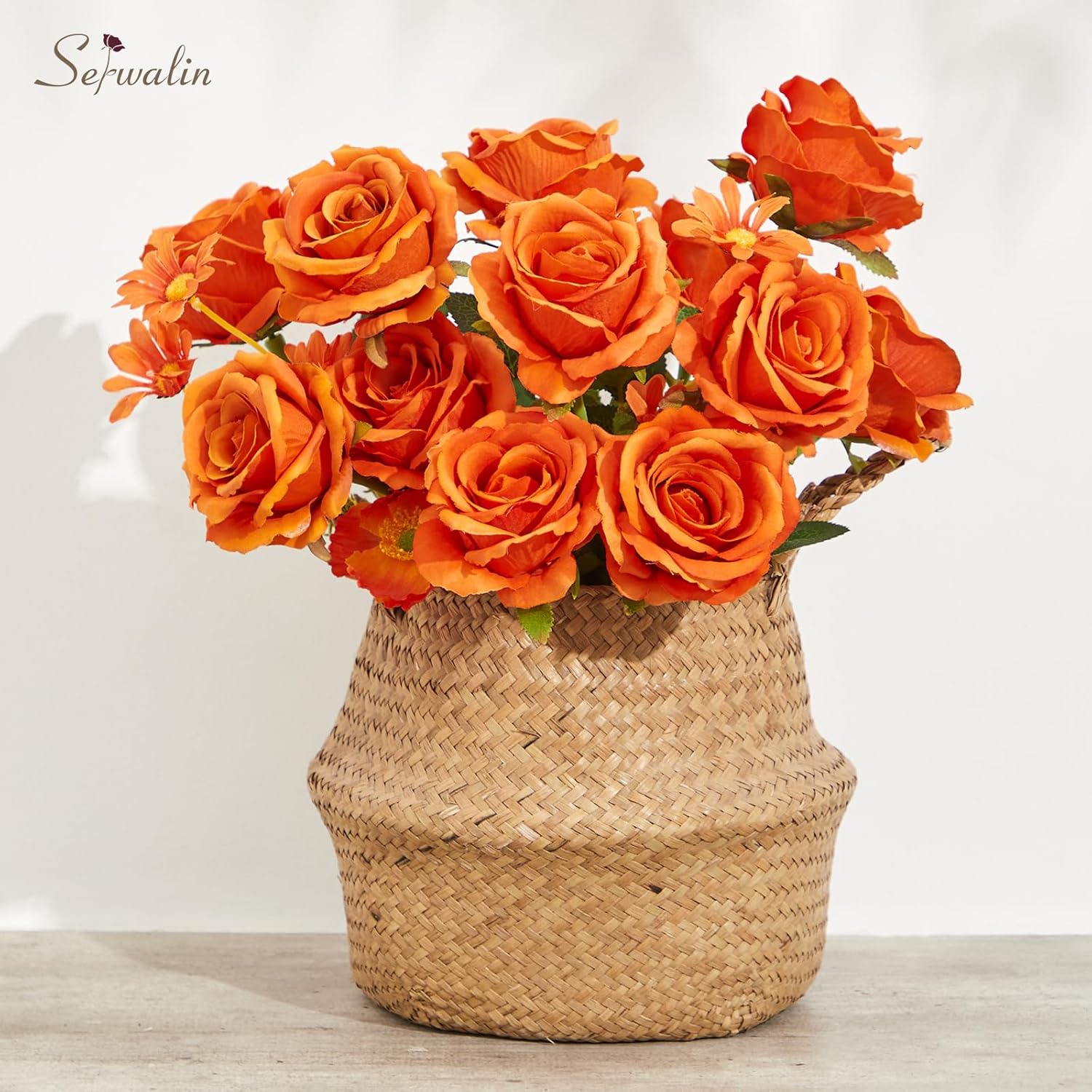 Serwalin 20pcs 4'' Big Orange Artificial Roses, Large Flower Head Silk Rose Velvet Real Touch, Fake Roses Long Stems Realistic Bouquet for Wedding, Table Centerpiece Home Decor - Image 3