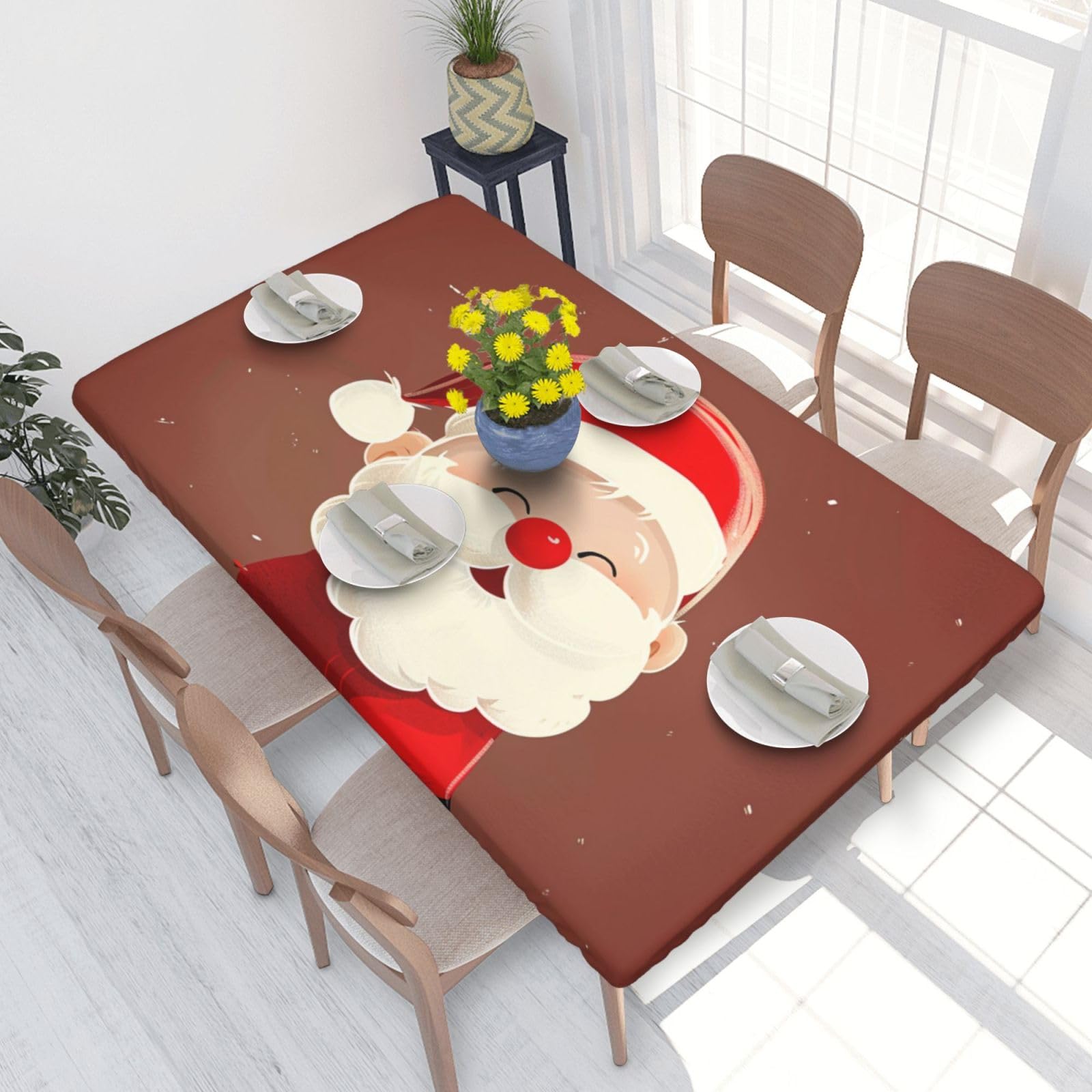 DCARSETCV Cute Santa Claus Printed 4FT Waterproof Tablecloth with Elastic Edged Protect & Decor Your Table, Oil-proof Washable Table Cloth Cover for Dinner Picnic Party