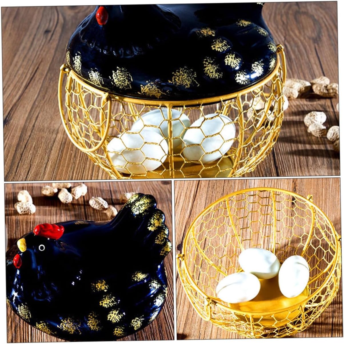 BESPORTBLE Rustic Metal Egg Basket with Black Wire Lid and Gold Iron Frame, Desktop Egg Storage Container for Kitchen Organization and Food Storage