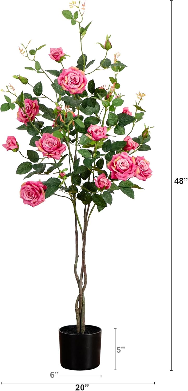Nearly Natural 4ft Pink Rose Artificial Tree - Silk Flowering Faux Plant with Bendable Branches, Detailed Petals, and Nursery Planter