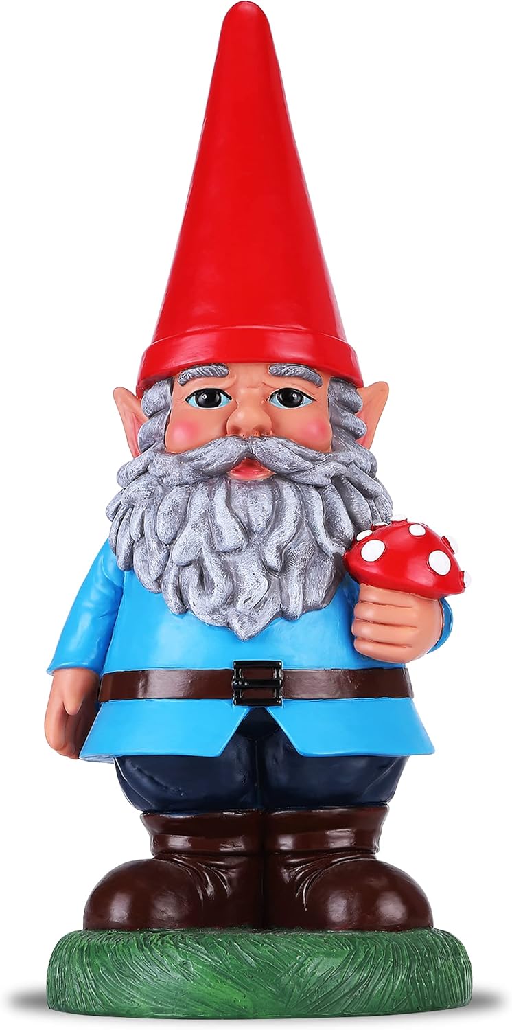 Garden Gnome Holding Mushroom - Funny Yard Ornament - Classic Gnome Decor - 14 Inch Tall