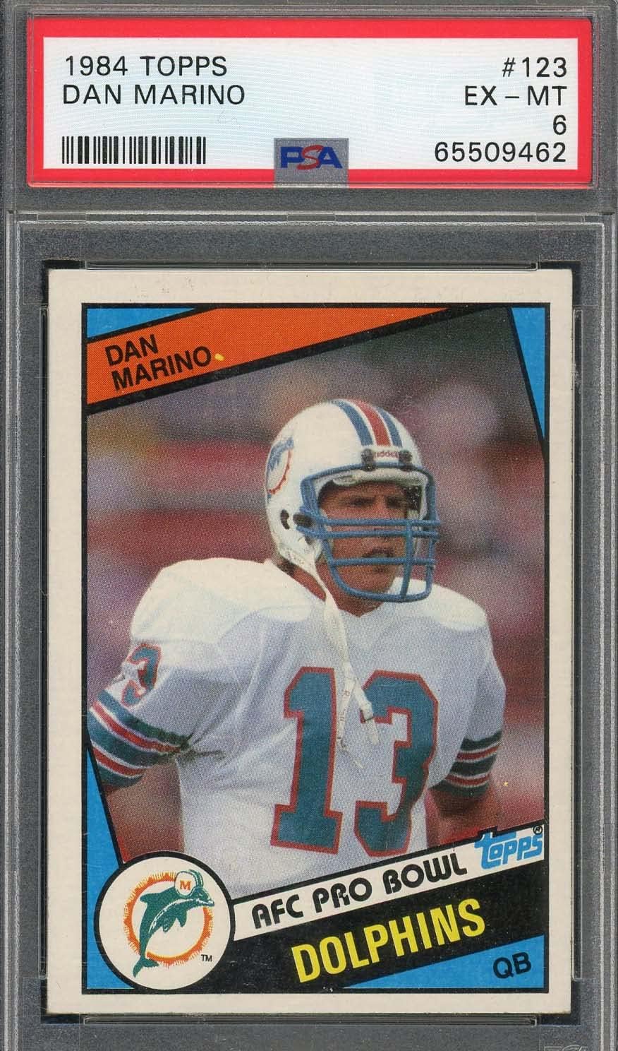 Dan Marino 1984 Topps Football Rookie Card RC #123, PSA 6 Graded (Cert# 65509462) Vintage Football Card Collectible for Fans