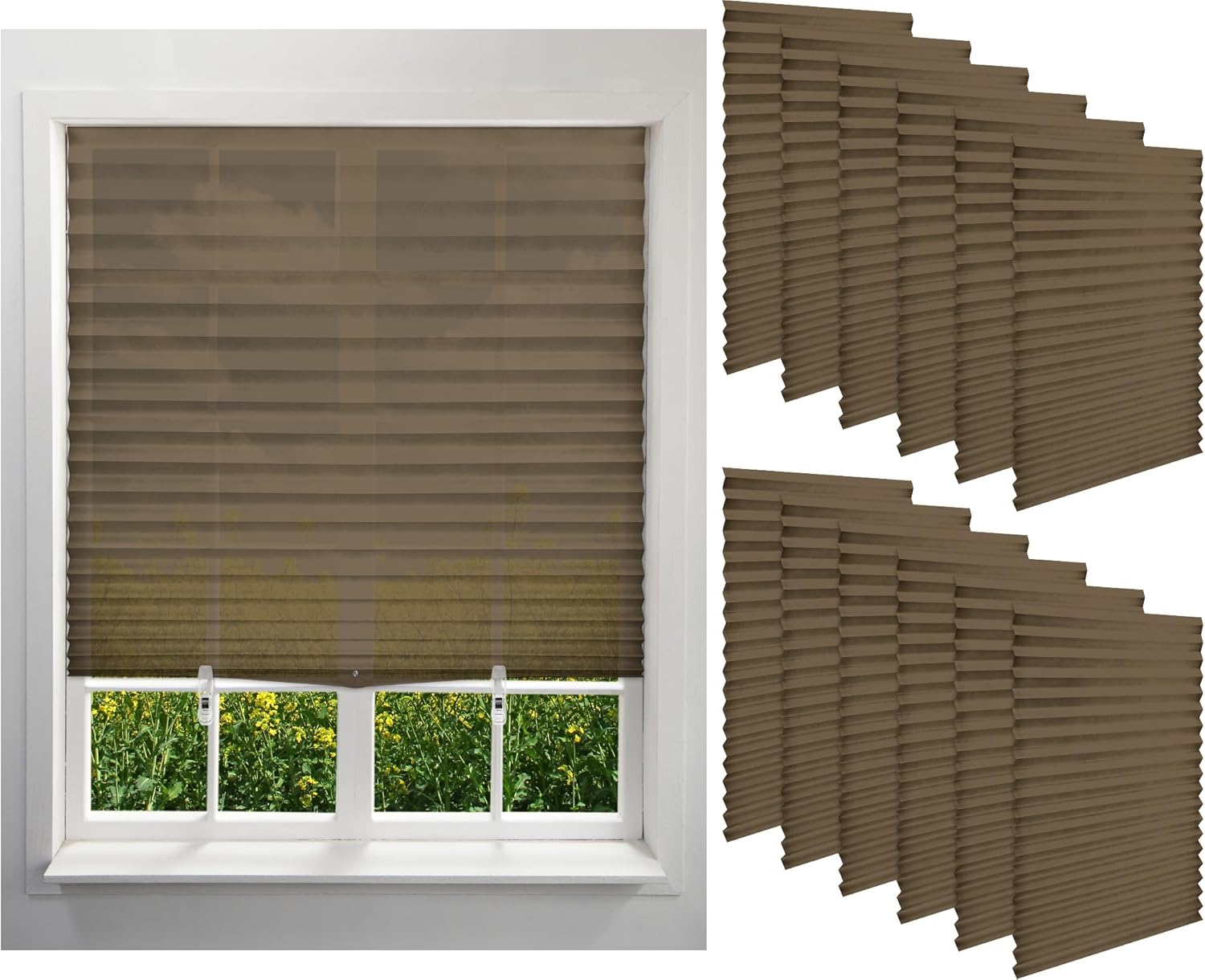 Kigley 12pcs Coffee-Colored Filtering Temporary Blinds for Windows, Cordless Light Filtering Fabric Shade Self Adhesive Window Shade, Easy to Cut and Install, with Clips (35x71inch)