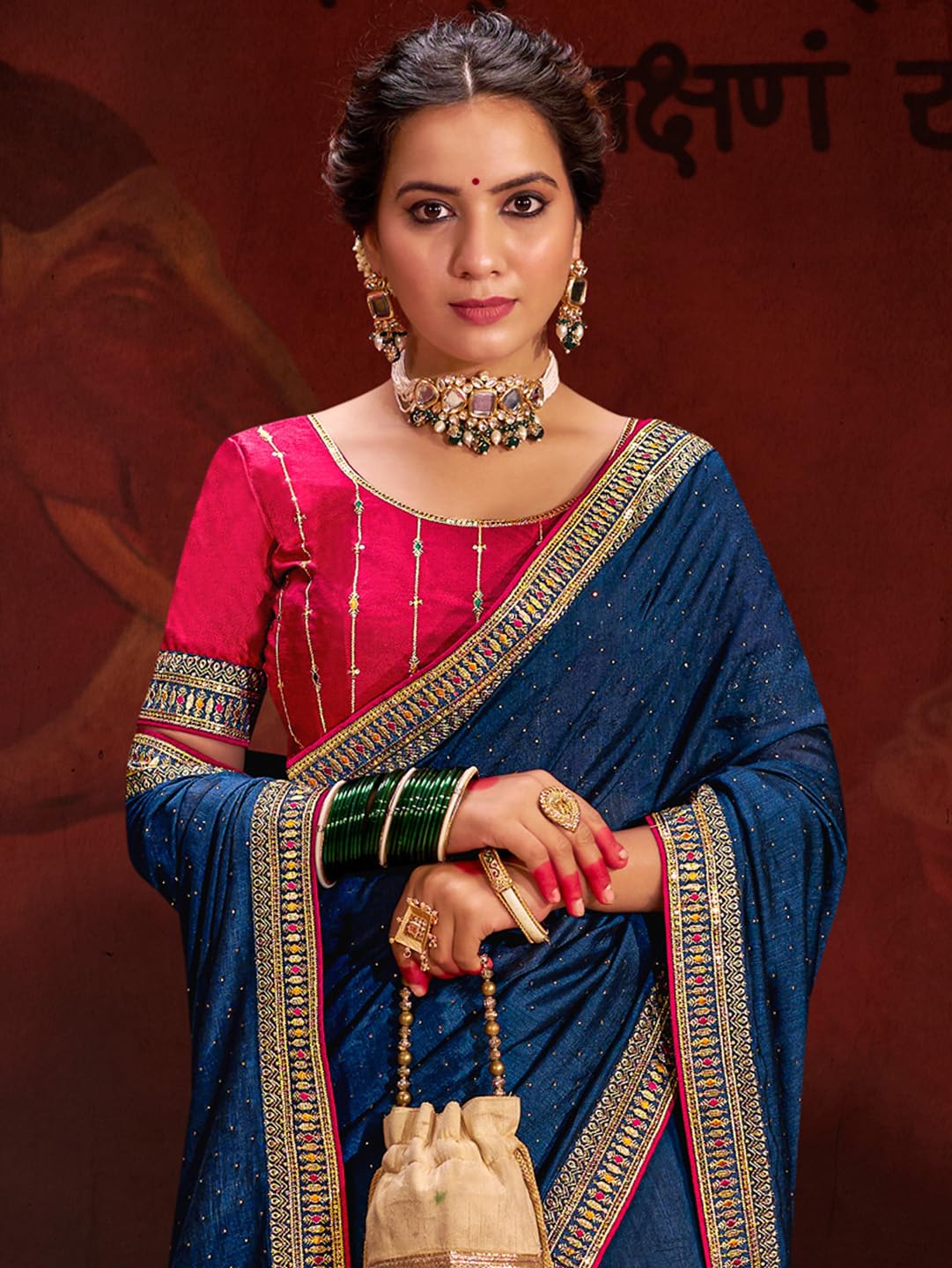 SAREE MALL Women's Navy Blue Vichitra Silk Embroidered Saree with Unstitched Blouse Piece(AYUSHI4005_SUM) 2