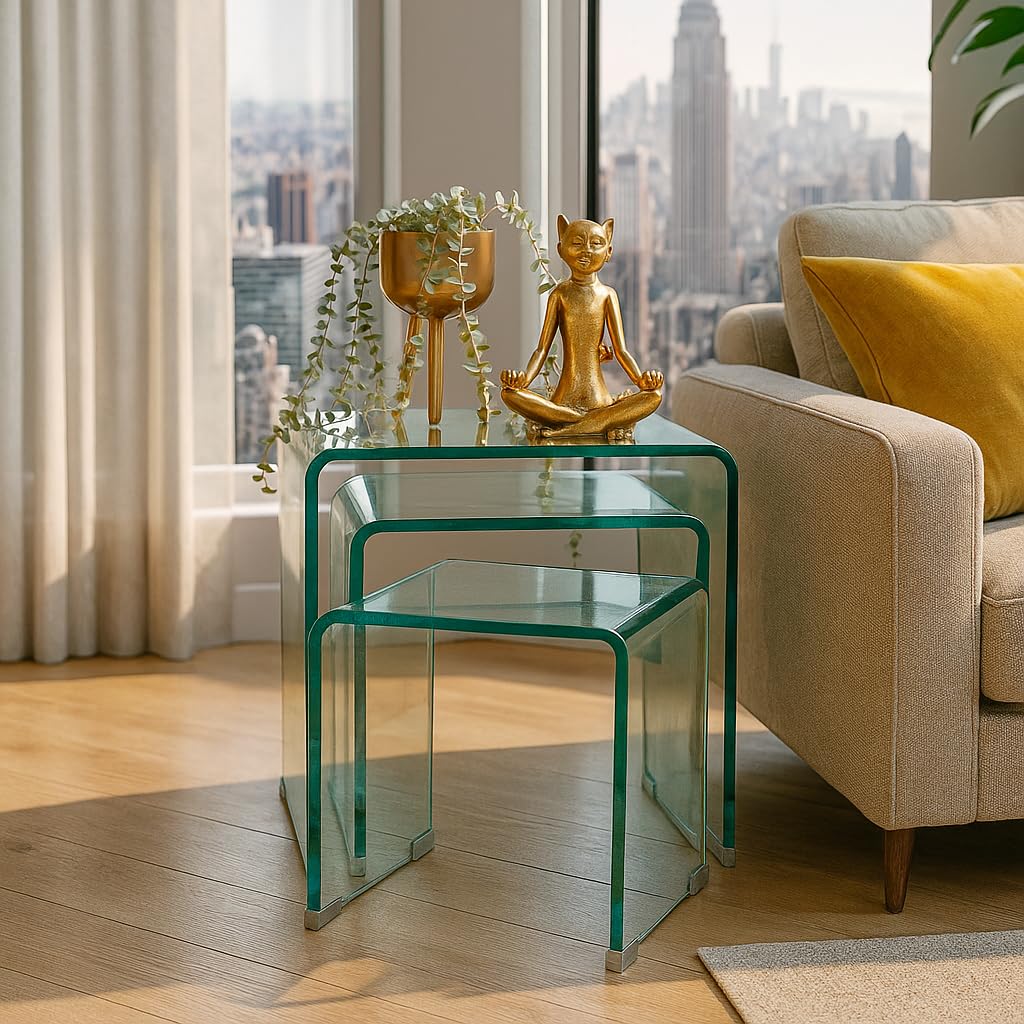 Homely® Juego de Tres Mesas Nido Murano 43-36-30 cm. | Cristal Curvado Templado de una Pieza Grosor 12mm. | Diseño Minimalista Ideal para Salones Modernos (Cristal Transparente)