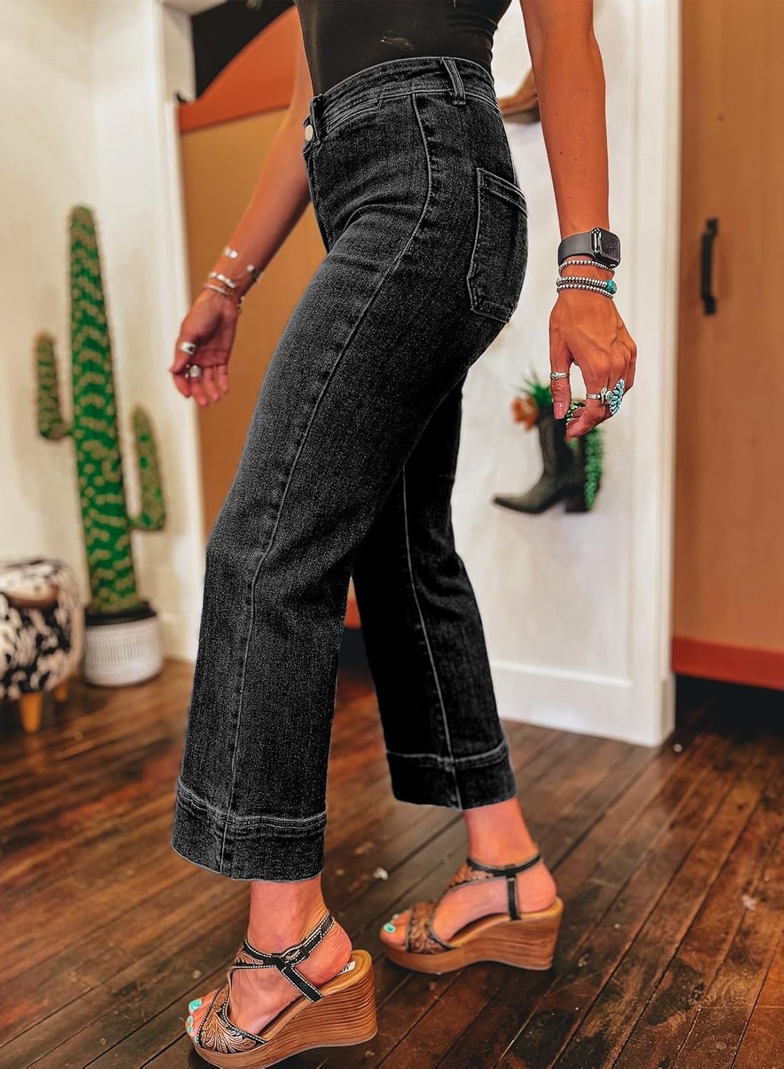 SHEWIN Women Wide Leg Jeans High Waisted Stretch Denim Pants Inseam 25-26 inch - Image 2