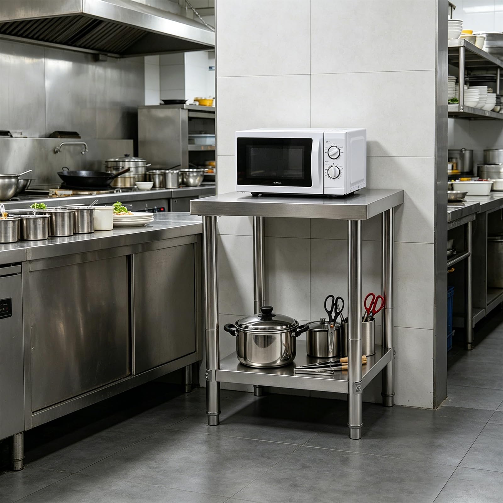 Mesa de trabajo de acero inoxidable, 60 x 60 x 80 cm, mesa de acero inoxidable, capacidad de carga de 400 kg, mesa de trabajo con suela ajustable para cocina, mesa de metal, adecuada para