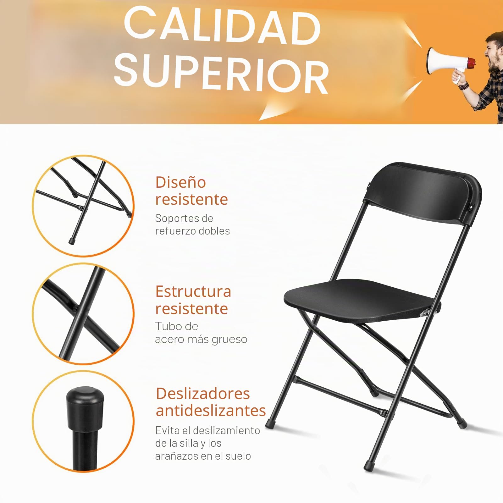 Bonnlo Set de 10 Sillas Plegables – Sillas de Comedor, Jardín, Camping, Plegables, para Balcón, Sala de Estar, Restaurante y Conferencias, Ergonómicas, 47x47x75 cm, hasta 150 kg, Negro