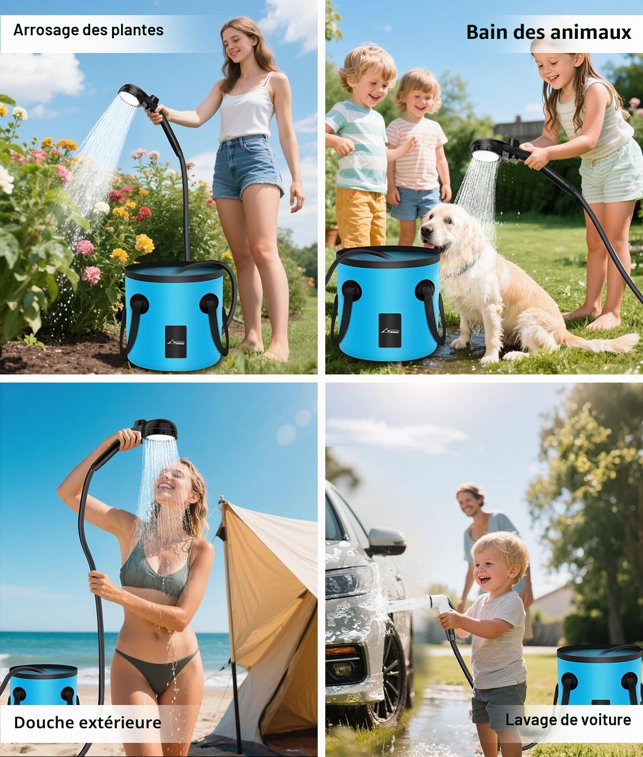 WADEO Douche Portable avec Seau Pliable 20L Camping, Pompe Rechargeable 6000mAh Lumière Intégrée, Étanche IPX8, 5 Modes Pression – Idéale Randonnée, Voyage, Animaux