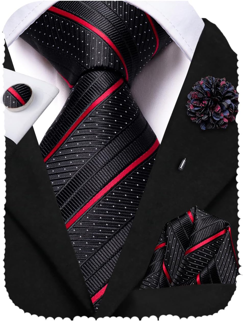 DiBanGu Cravatta da uomo Paisley formale in seta e fazzoletto da taschino gemelli fermacravatta per festa di nozze ballo di fine anno, Argento Paisley, Taglia unica