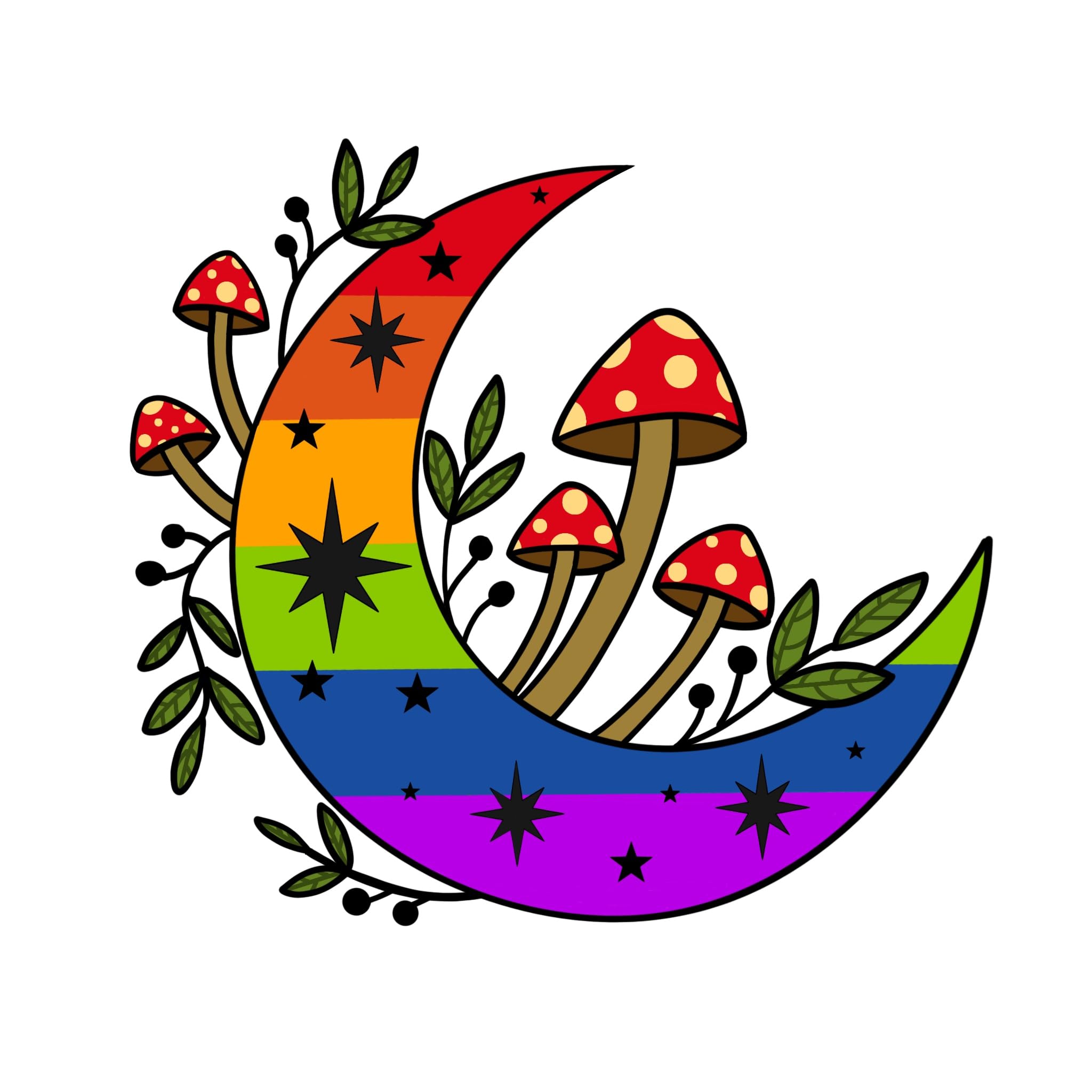 Mystical Rainbow Moon and Mushroom Glossy Self-Adhesive Sticker