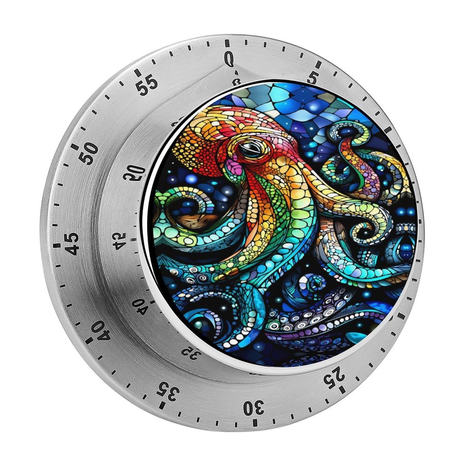 Stained Glass Octopus Ocean 60 Minute Wind Up Timer,Visual Mechanical Magnetic Timer with Loud Alarm for Kitchen