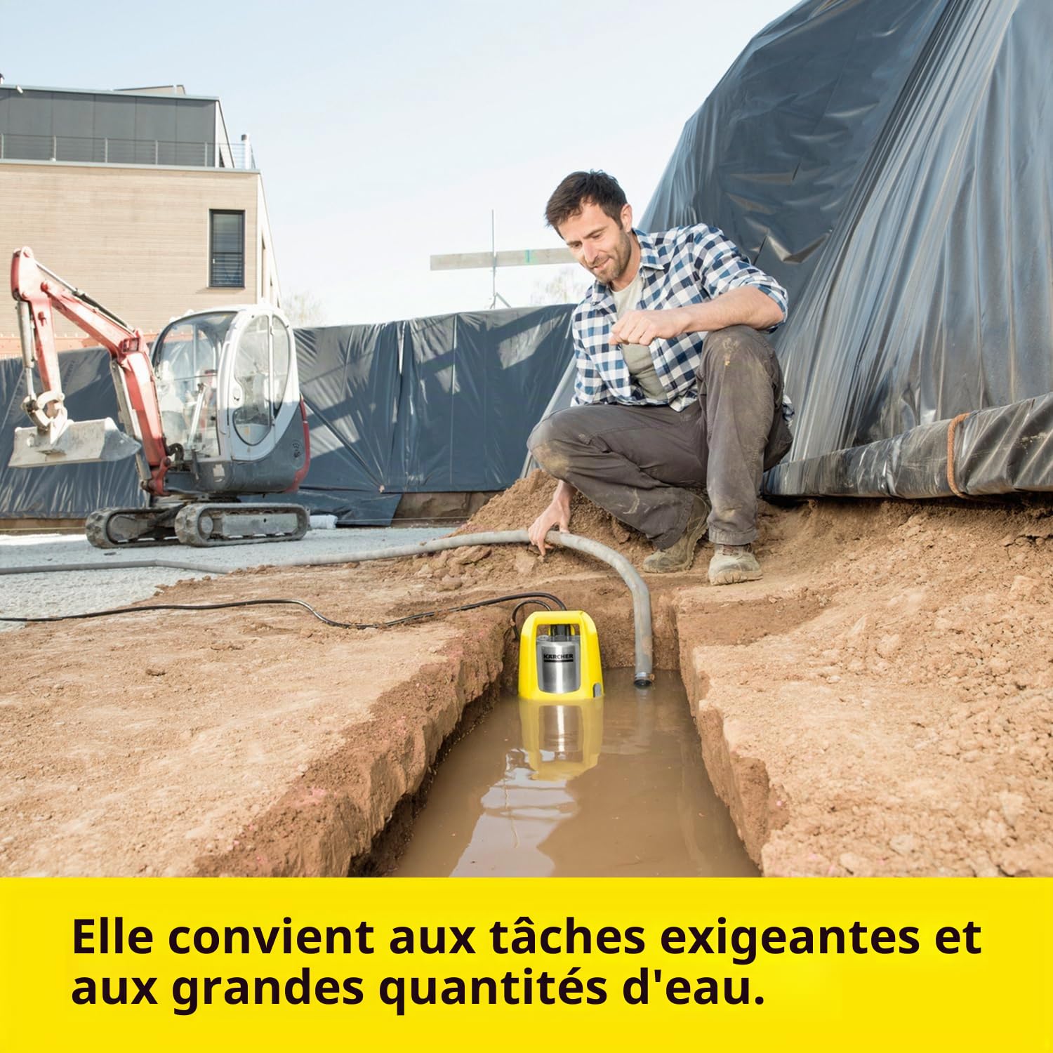 Kärcher SP 22.000 Dirt Level Sensor Pompe d'Évacuation d'Eaux Chargées, Débit & 29971000 Acier inoxydable Kit Tuyau Plat en Textile et Collier de Serrage 10 m