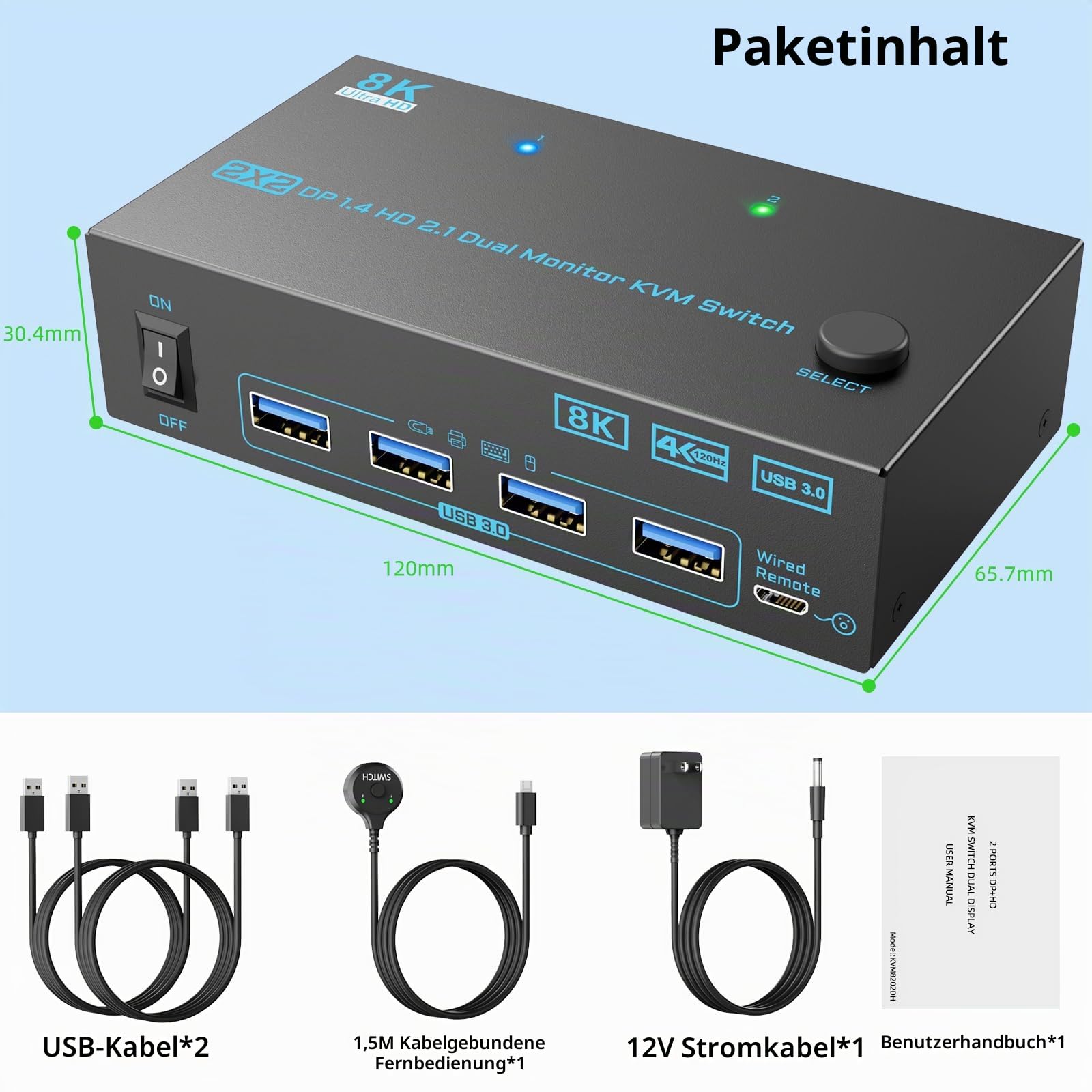 8K 2 Monitore 2 PC KVM Switch Displayport 1.4 + HDMI 2.1 Dual Monitor | 2 IN 2 OUT 2 Ports KVM-Switches Max Unterstützung 8K@60Hz/4K@144Hz für 2 PCs teilen sich 2 Bildschirme und 4 USB 3.0