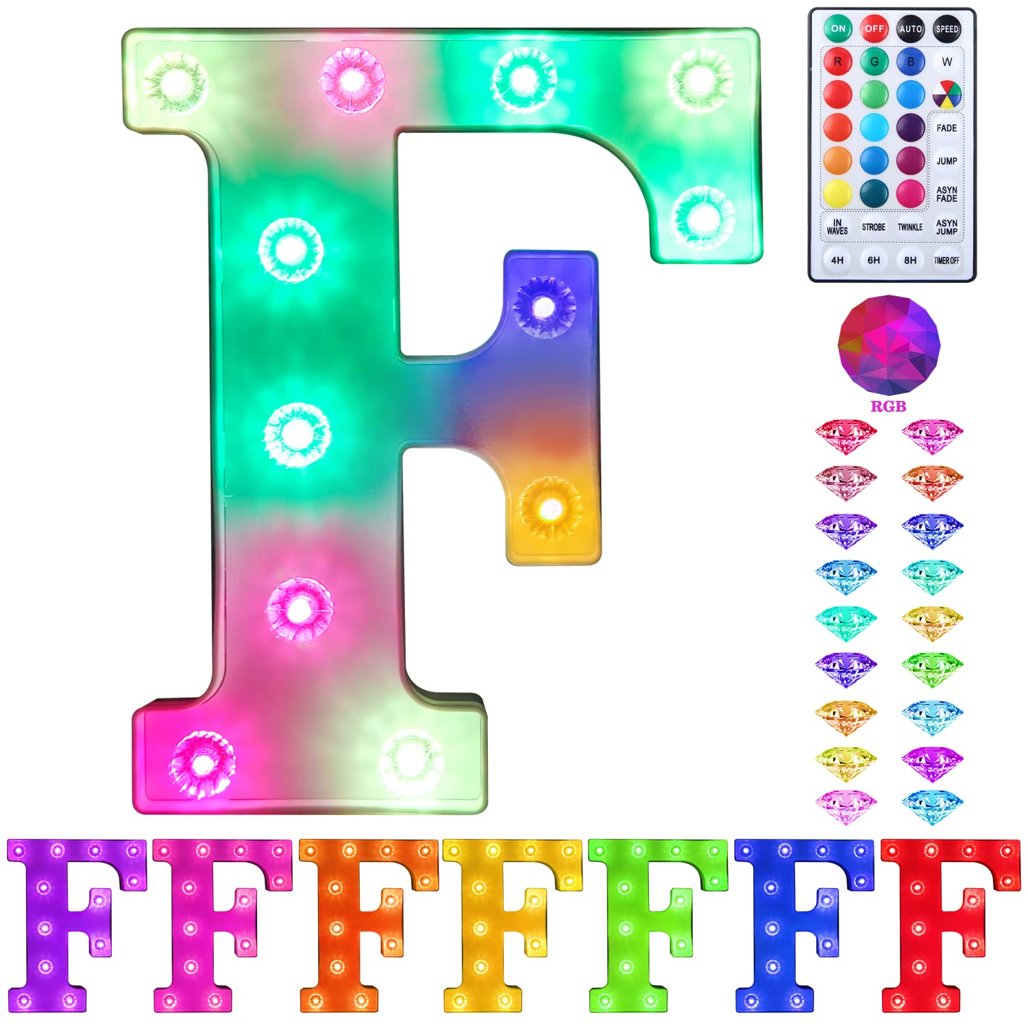 Colorful Light up Letters Led Marquee Letter Lights with Remote 18 Colors Letters with Lights for Wedding Birthday Party Lamp Christmas Home Bar Decoration - Diamond Design Battery Powered - F