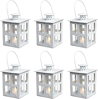HPC Decor 6-Pack White Mini Metal Lanterns with LED Tealights & Strings - Farmhouse Wedding Centerpieces, Home Table Shelf Decor