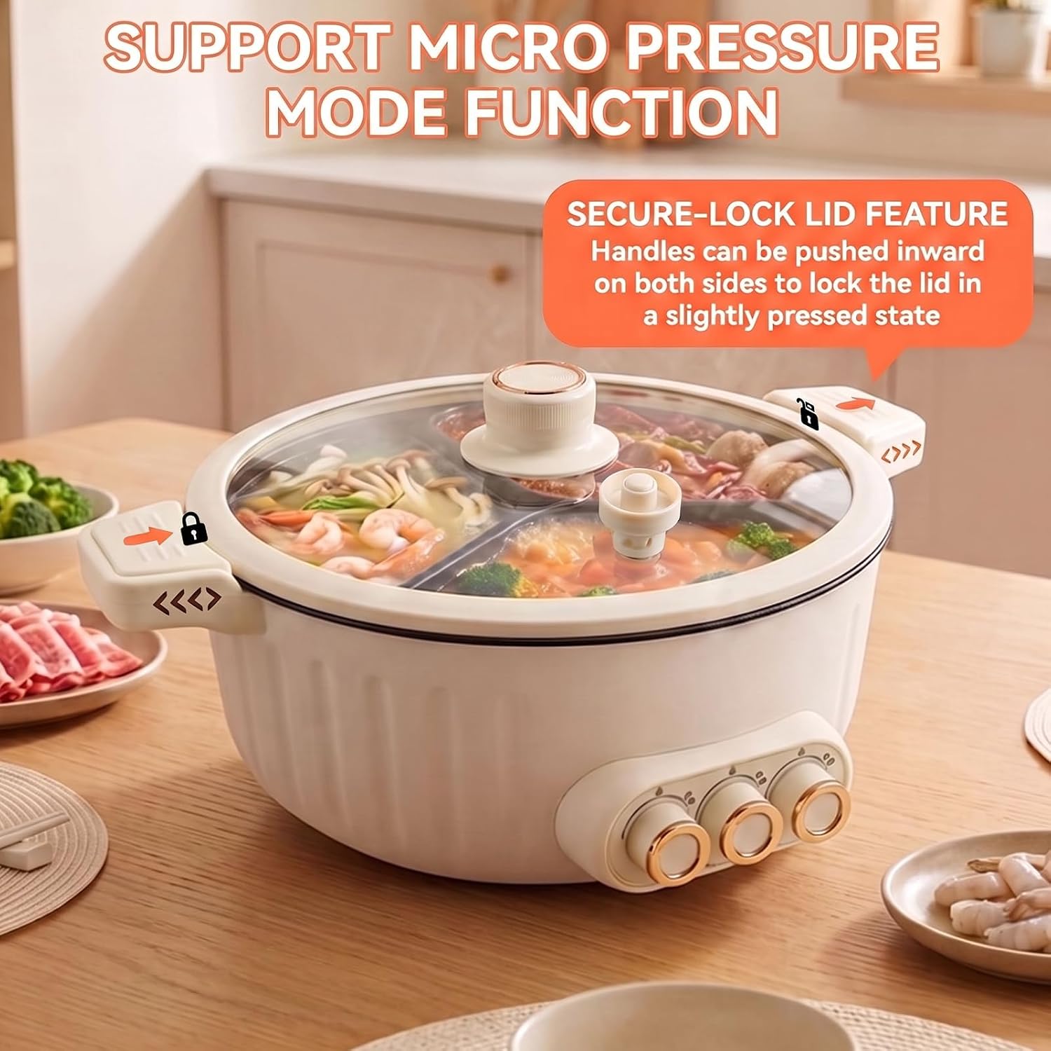 5Qt Hot Pot Electric, 3 Compartment, Separate Temperature Control Hot Pot | Micro Pressure, 3-Compartment Independent Temp Control, Non-Stick Electric Shabu Pot, 1050W