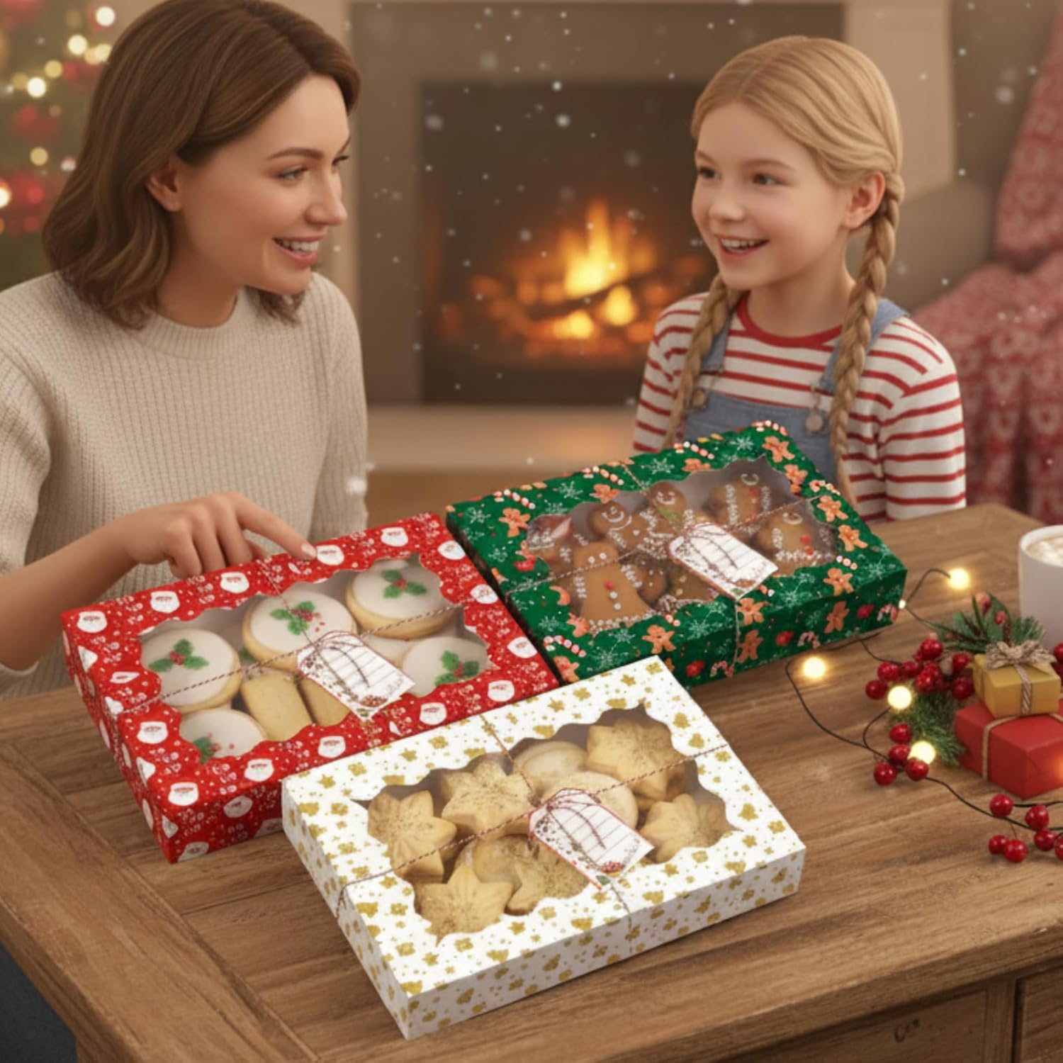 Ctosree 12 Pack Large Christmas Cookie Boxes 15 x 10 x 2.8 Inch Cookie Tins with Lids DIY Tag and Rope for Gift Giving Bakery Treat Box with Window Holiday Pastry Container Xmas Party Favor(Cute)