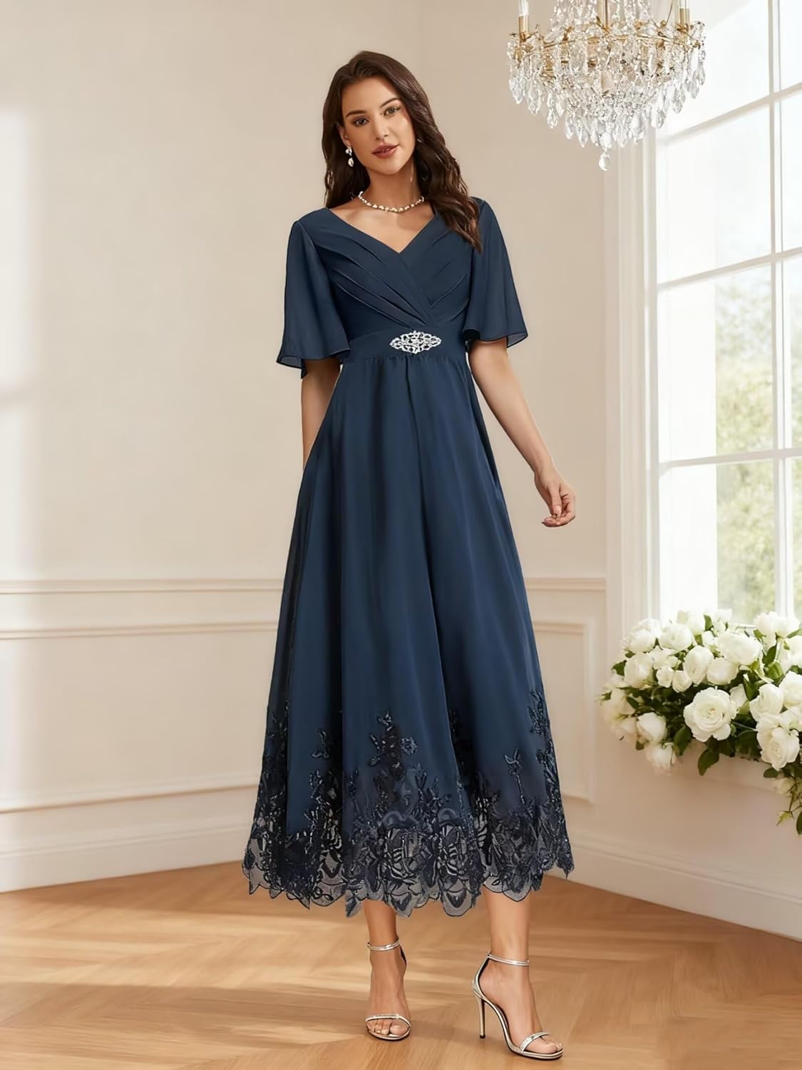 Women's Chiffon Mother of Bride Dress with 1/2 Sleeves V Neck Tea Length Formal Evening Gowns - Image 3