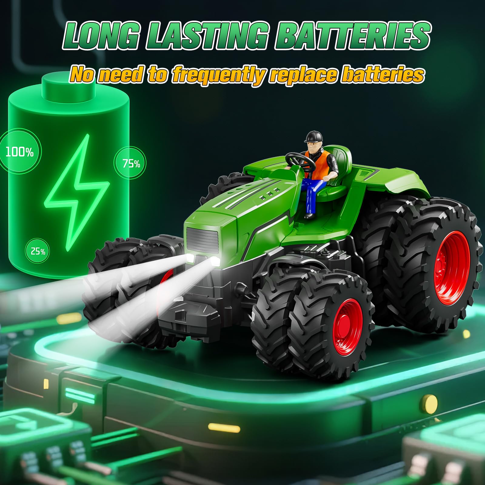 RC Tractor Juguete con Remolque, 2,4 GHz Tractor Teledirigido, de Granja Vehículos con Horquilla Elevadora, Luz, Vaca, Oveja y Frdo de Heno, Granja de Juguete Regalo 3 4 5 6 7 8 Años
