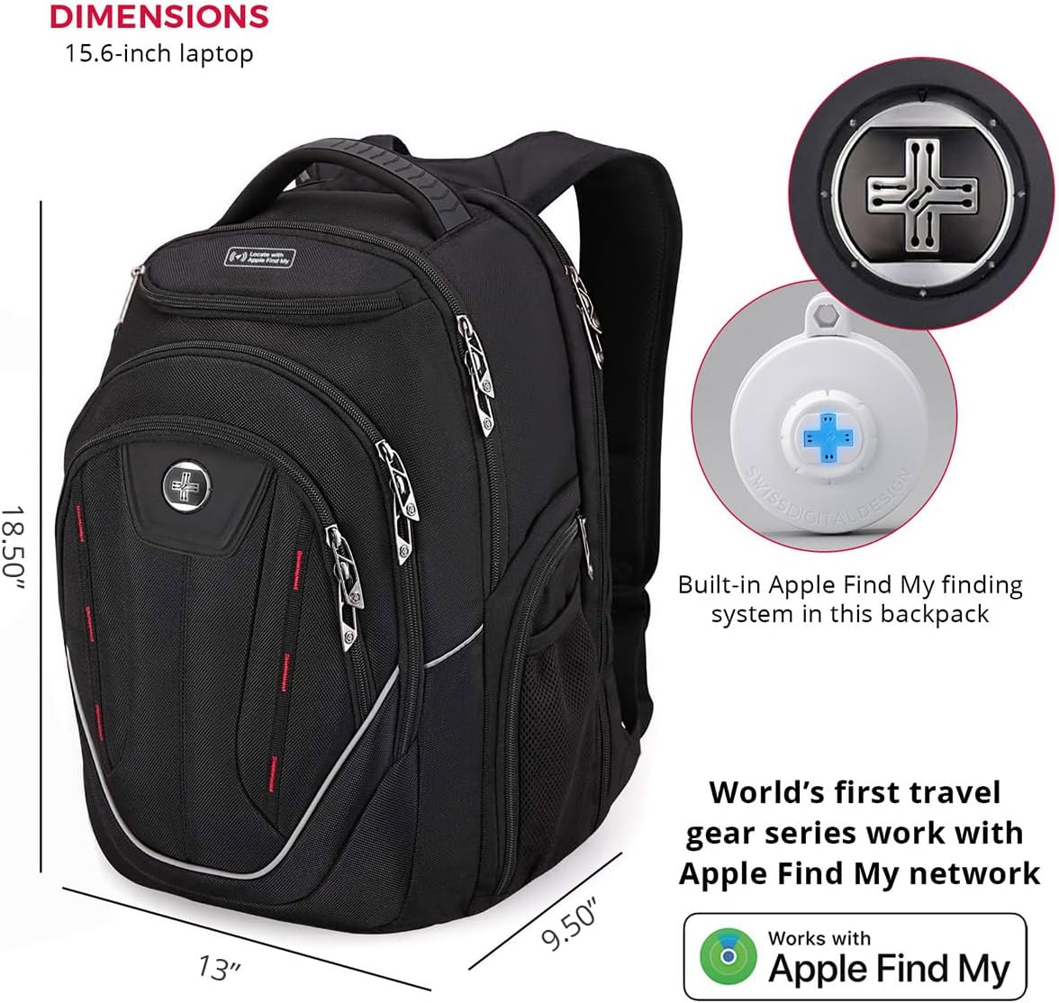 Swissdigital Design TSA Laptop Backpack Men's USB Charging Port Large Capacity Business Travel Backpack Black| With Apple Find My Network Black/Red | J16BTFB-41 - Image 3