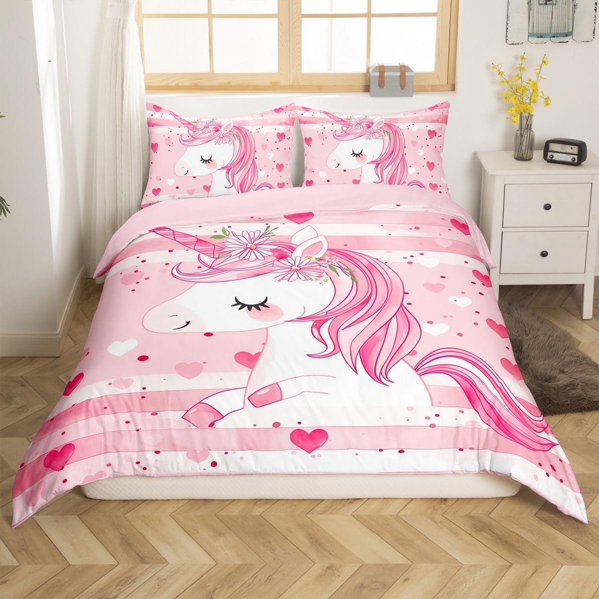 Unicorn Duvet Cover Set Toddler Size,Cartoon Pink Flower Bedding Set,Dreamy Fairy Tale Animals Quilt Cover for Kids,Comforter Cover(No Filler),2 Pcs