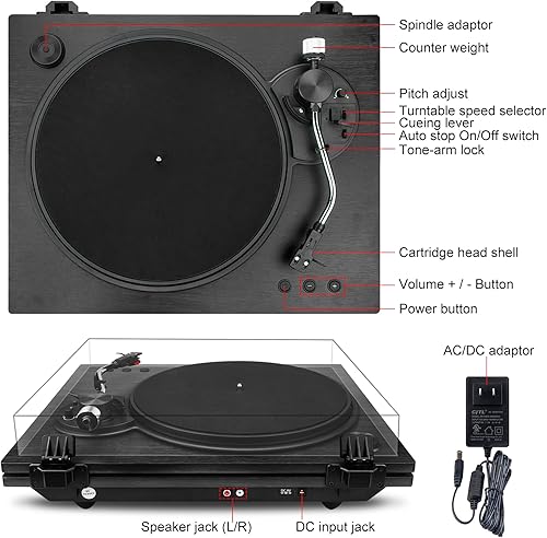 Miniatura 6 de HONGUT Tocadiscos tocadiscos Bluetooth para discos de vinilo con altavoces estéreo tocadiscos retro preamplificador de fono integrado contrapeso