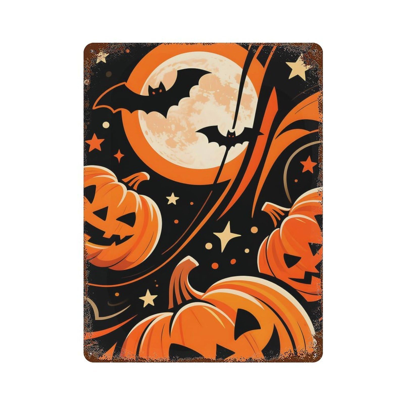 Garage Style Halloween Night with Pumpkins And Bats Distressed Metal Wall Sign 15.7"x11.8", Vintage Wall Decor for Bar And Workshop