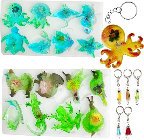 Szecl - Juego de 2 moldes de resina para llaveros de animales, 16 cavidades, animales marinos, lagarto, rana, caracol, medusas, tortuga, moldes de