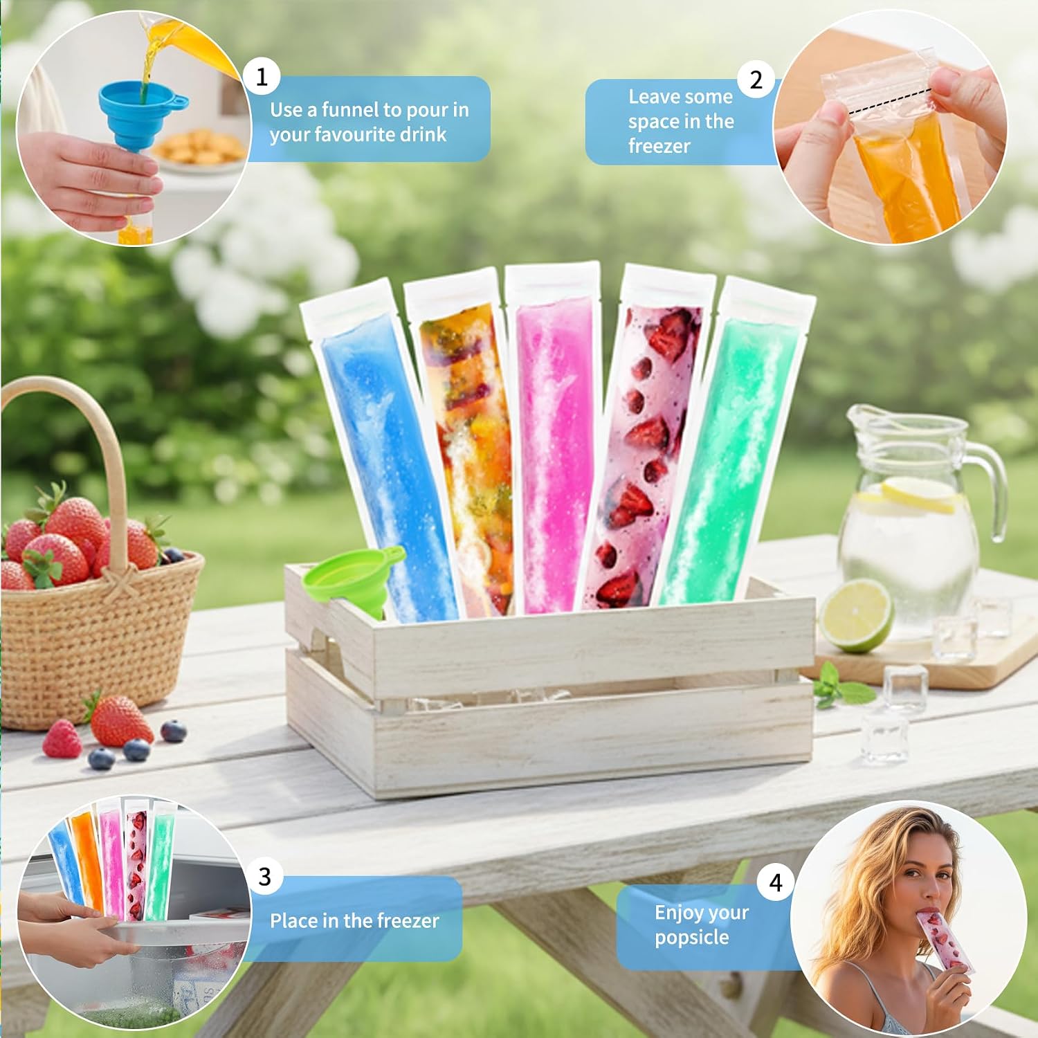 200Pcs Disposable Ice Popsicle Bags With Silicone Funnel, BPA-Free Zip Seal Freezer Tubes, Healthy Homemade DIY Ice Candy Pop Molds Bags for Yogurt Juice Snacks Liquor Party Supplies, 11x2 Inch