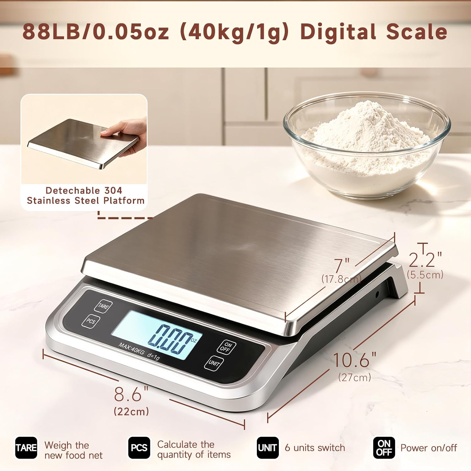 Large Digital Kitchen Scale 88lb/40kg with 0.05oz /1gPprecision for Baking