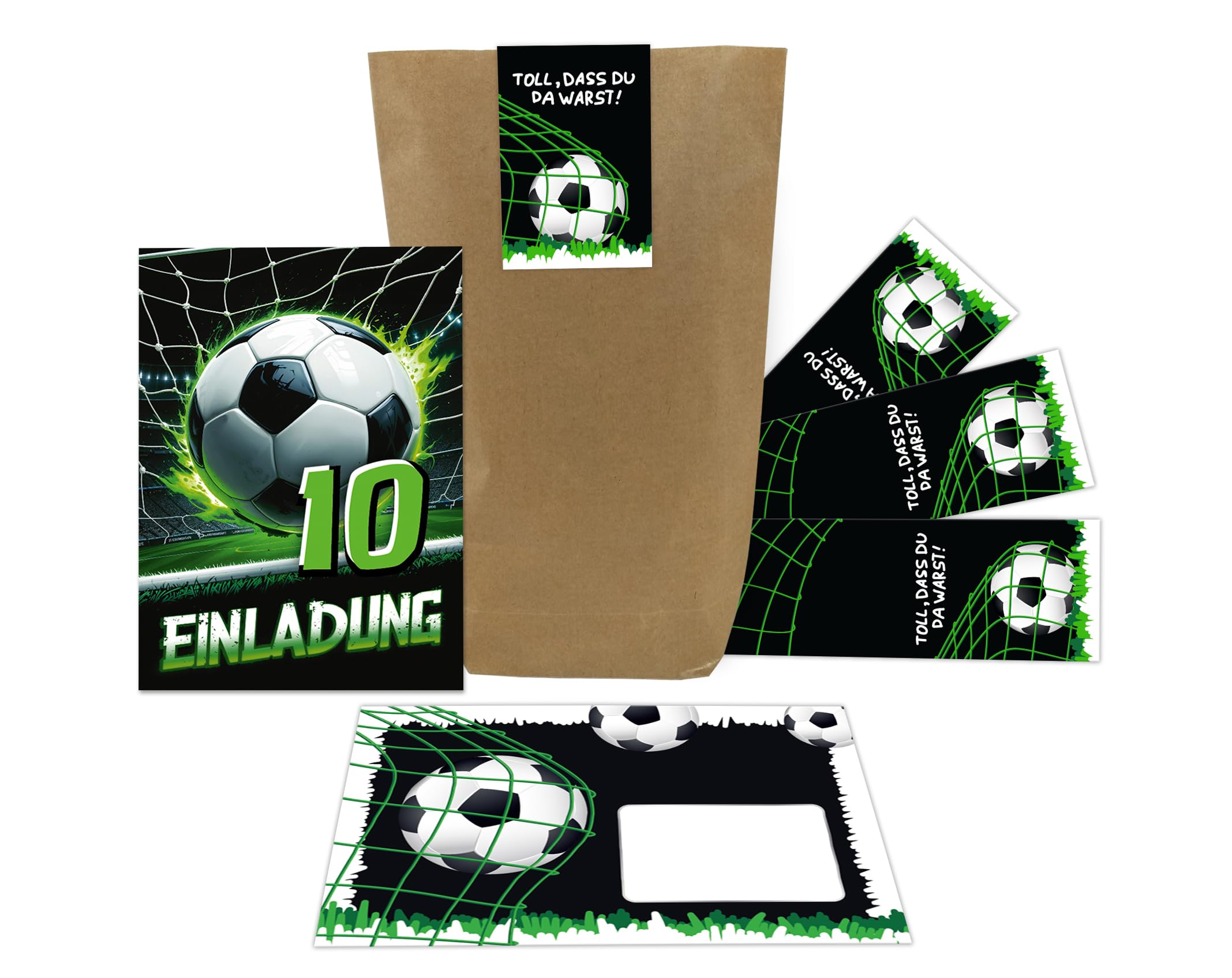 Junaversum 12 Einladungskarten zum 10. Kindergeburtstag Fußball Fussball Jungen Kinder coole bunte Einladungen zehnte Geburtstag Geburtstagseinladungen Kids inkl. 12 Umschläge, 12 Tüten, 12 Aufkleber