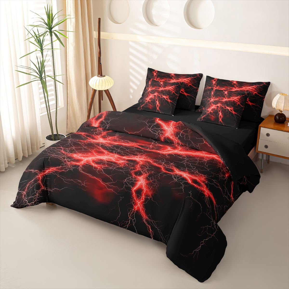 Loussiesd Juego de ropa de cama de 7 piezas con funda de edredón para cama de matrimonio de 7 piezas, color rojo y negro, decoración de habitación, geométrico, suave, ligero, microfibra para niños y