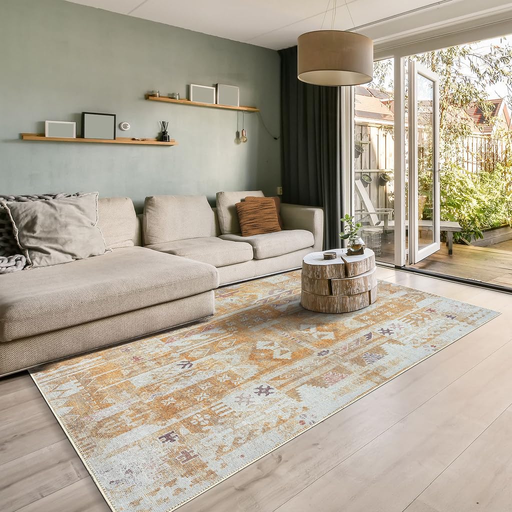 GLN Rugs Traditional Collection - Machine Washable Area Rug, Traditional Washable, Non Slip, Low Pile Chenille Rug, Living Room, Bedroom, Kitchen Rug