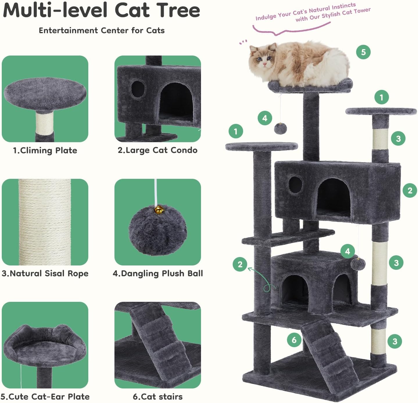 review 54in Cat Tree, Indoor Cat High-Rise Multi-Story Tower with Large Apartment for Play and Rest, Dark Grey, 19.60'' x 19.60
