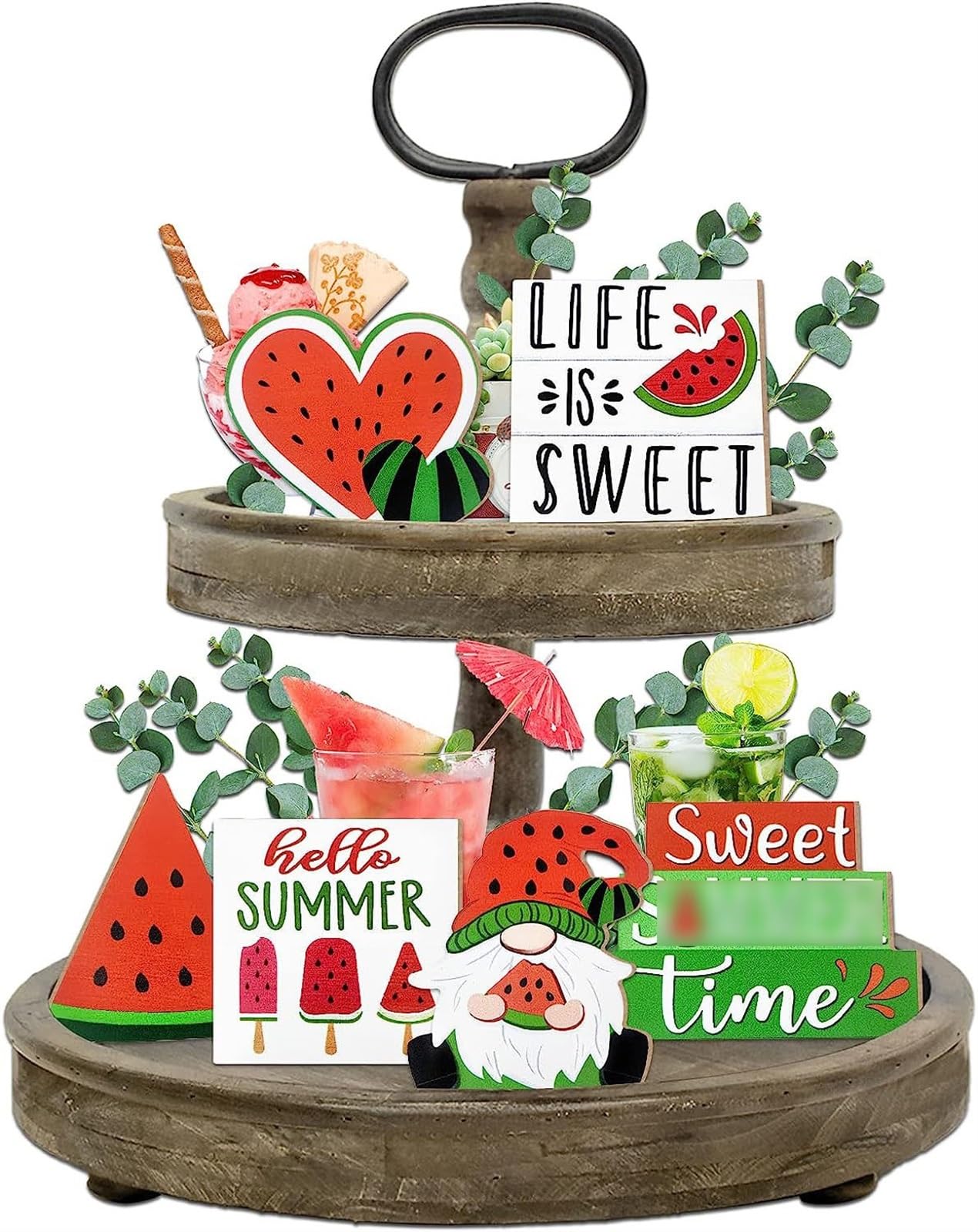 THE WHITE SHOPSummer Tiered Tray Decor, Farmhouse Watermelon Tray Decorations, Hello Summer Sweet Watermelon Gnome Wooden Signs, Rustic Summer Home Decor for Table Mantel Office Holiday Party